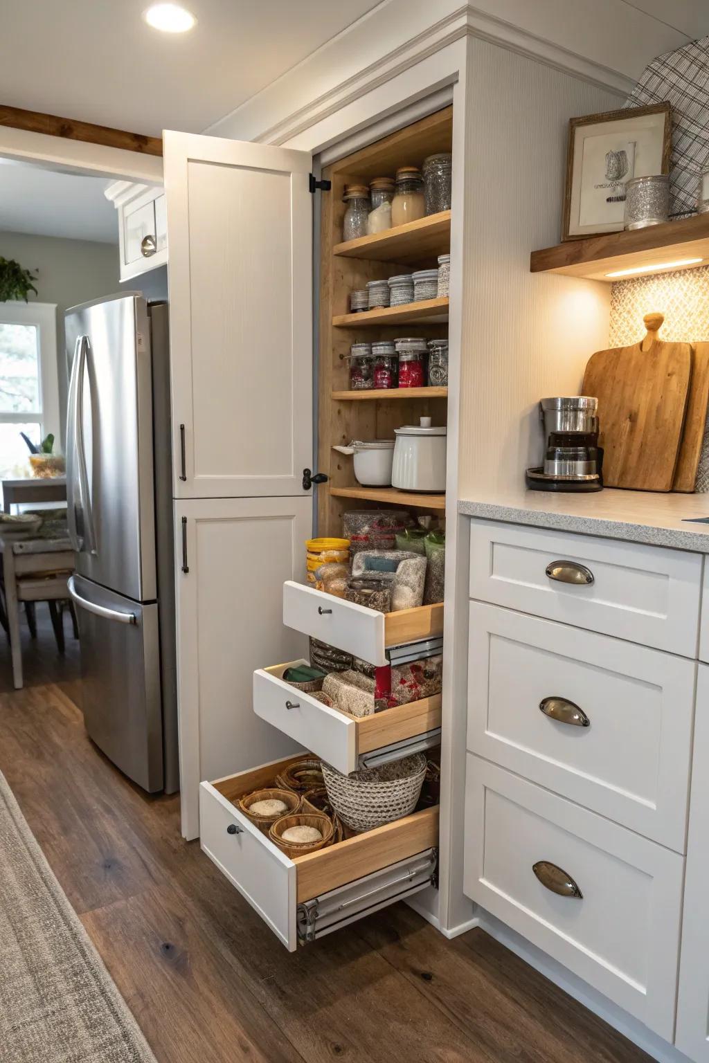 Compact pantry solutions for efficient small-space storage.