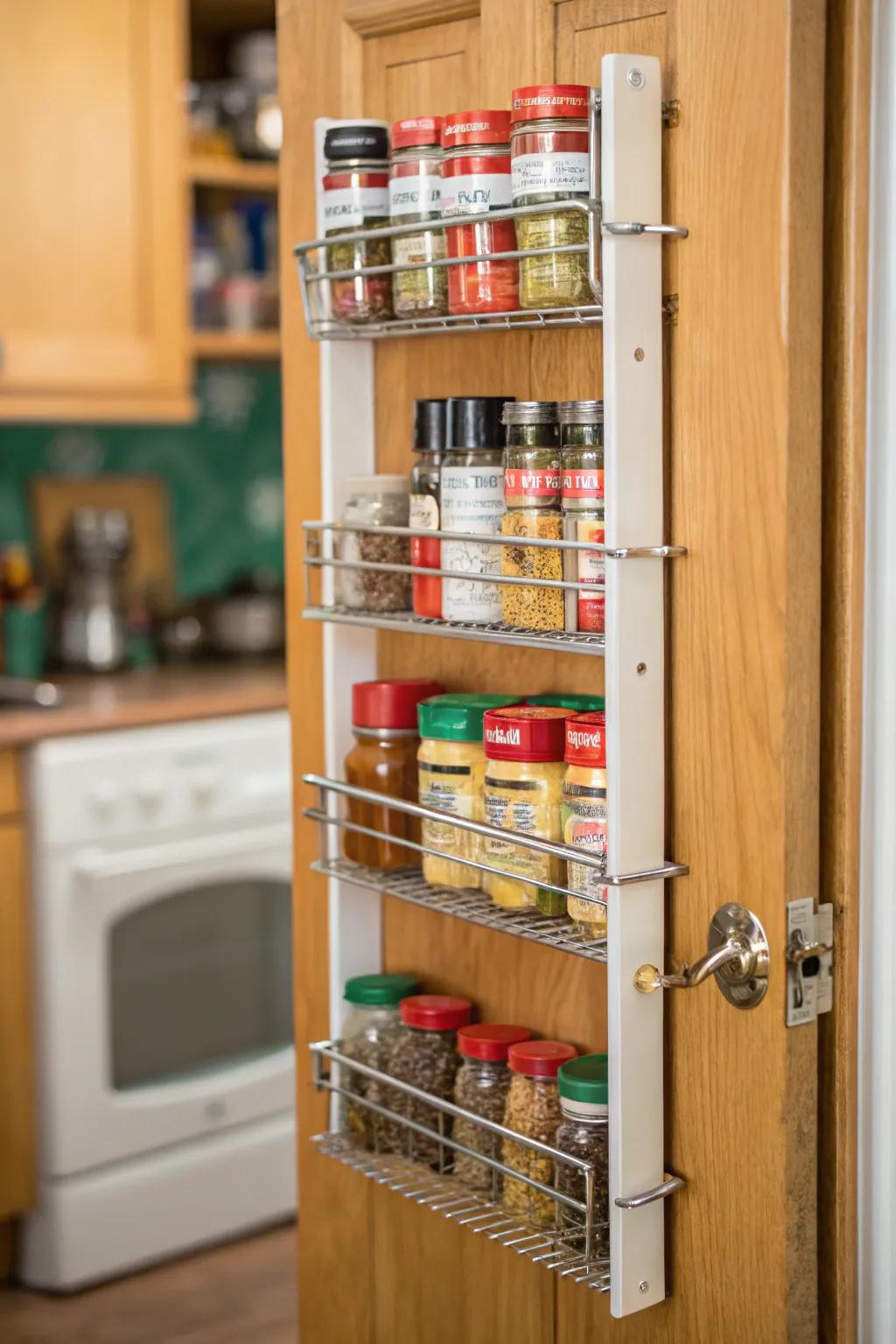 Door-mounted racks add extra storage space in the pantry.