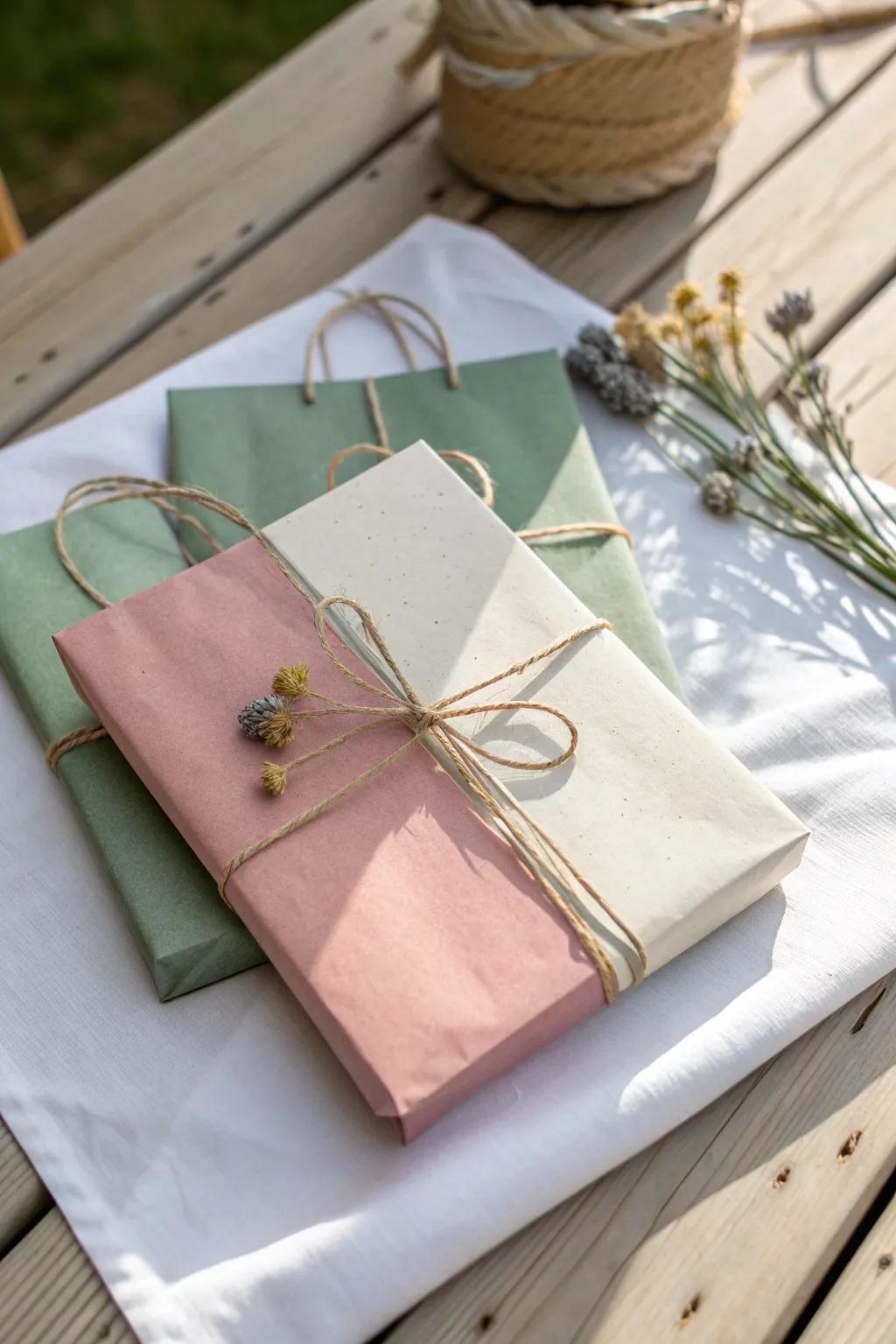 Elevate your gift wrapping with a chic color block design using paper bags. Perfect for those who love minimalist beauty with a boho touch.