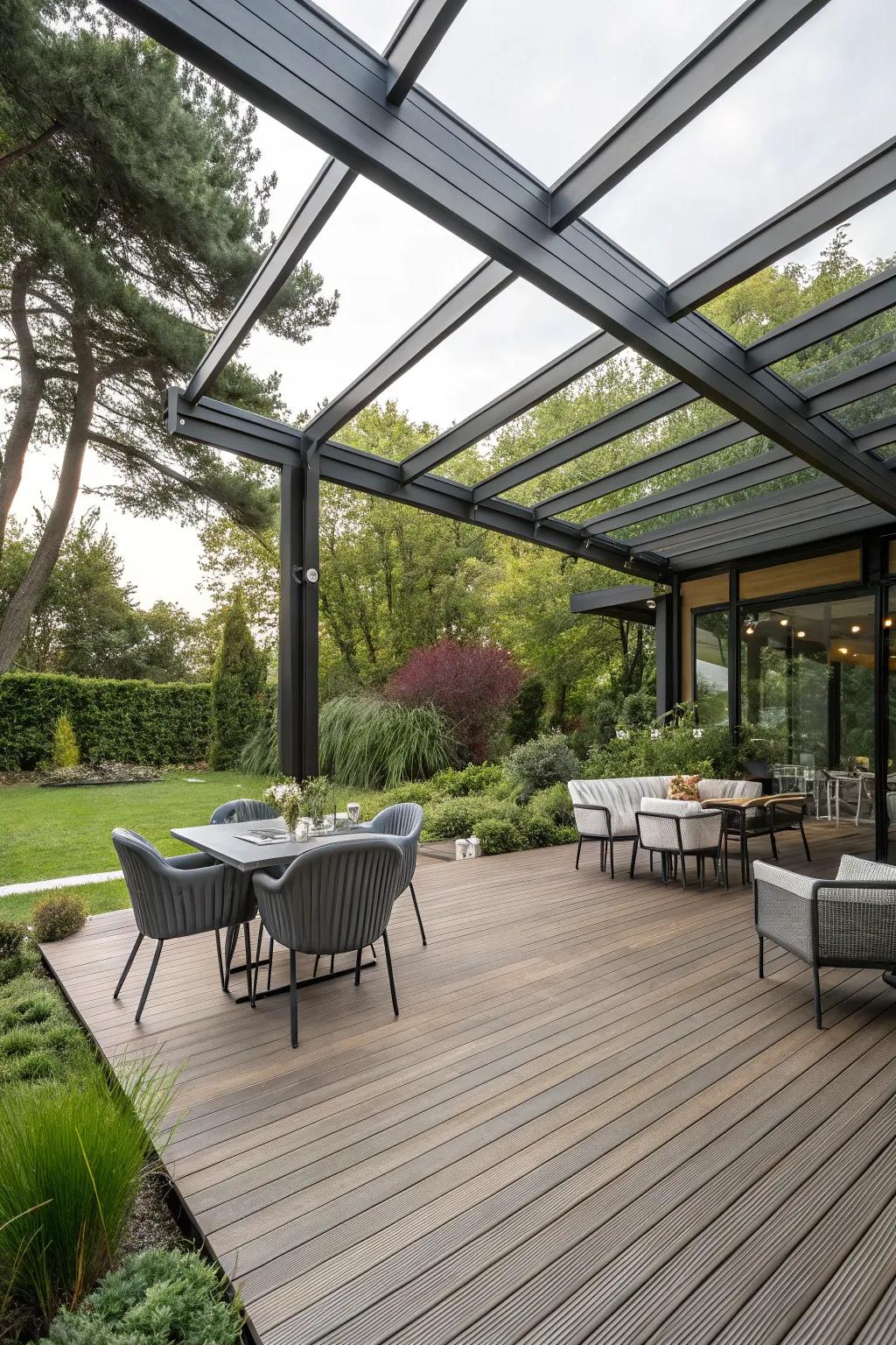 A modern deck with an industrial metal canopy, offering style and durability.