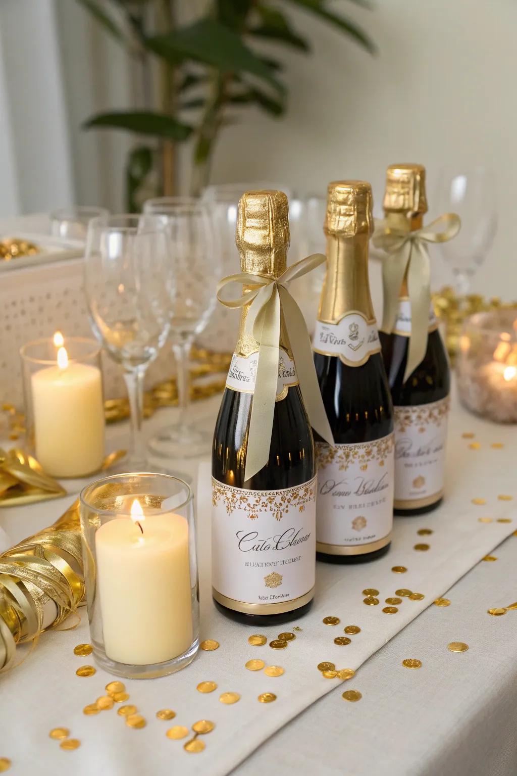 Mini champagne bottles offer a bubbly and festive party favor.