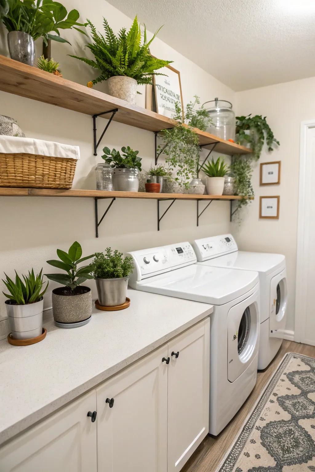 Indoor plants add a fresh and lively touch to the laundry room.