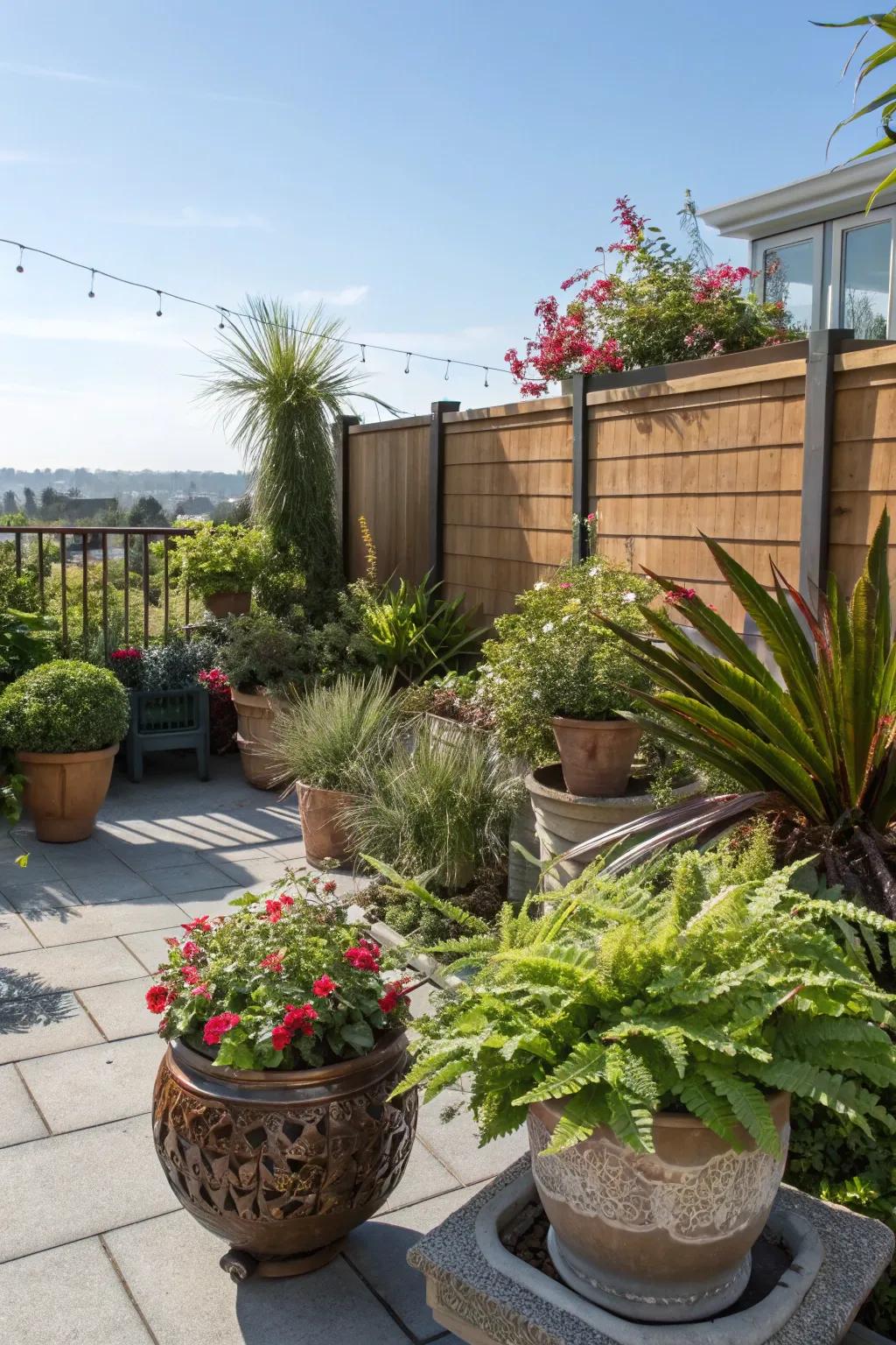 Mix potted plants for a lively and colorful patio display.