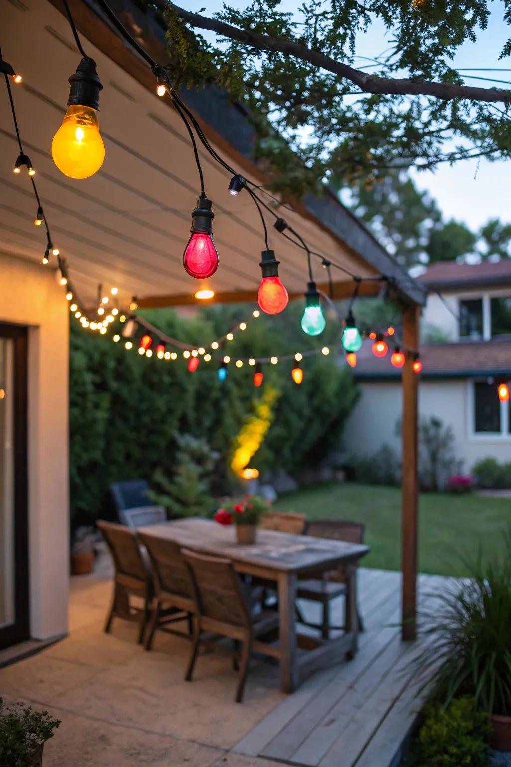 Colored string lights infuse the patio with personality.