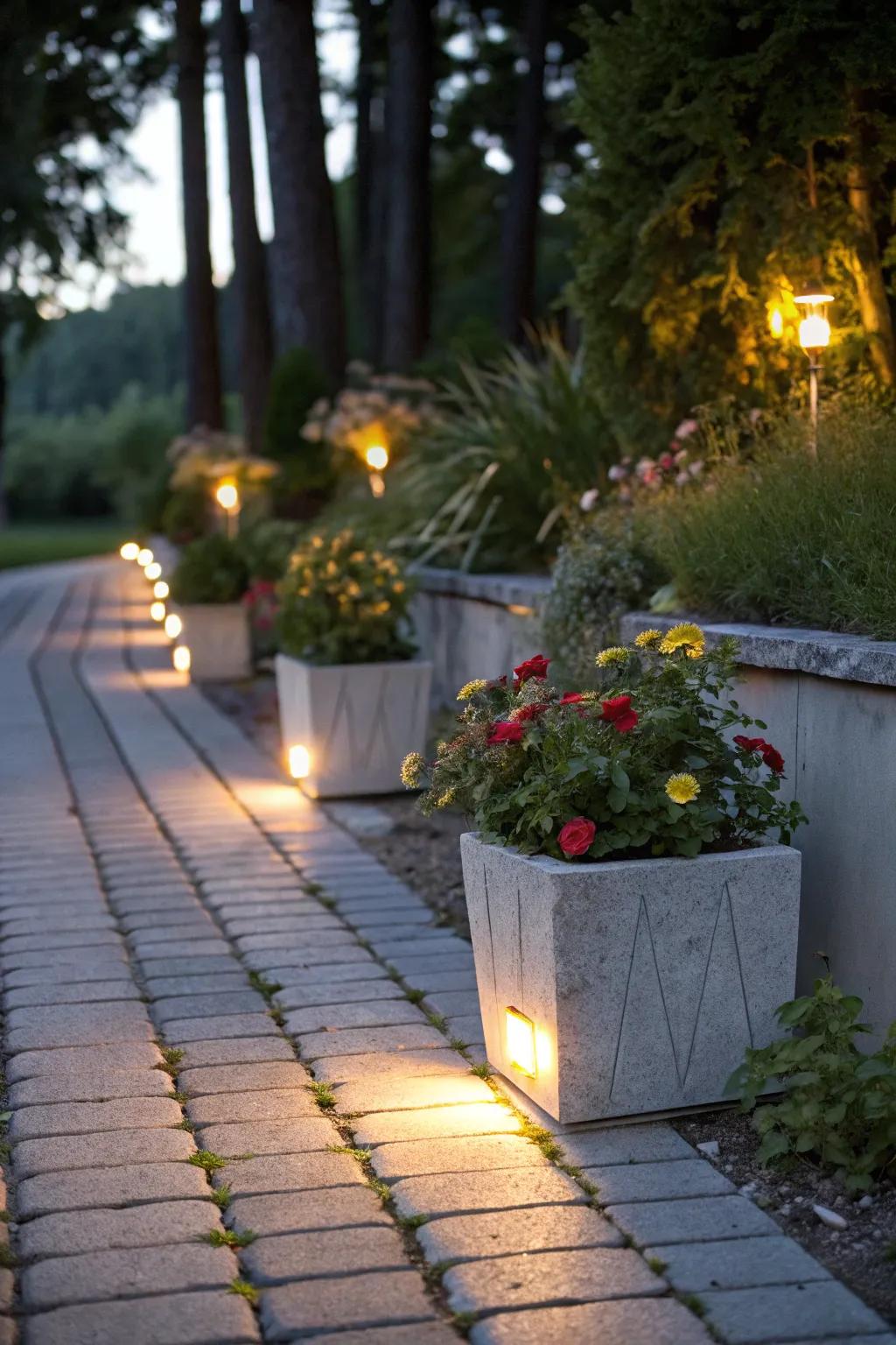 Integrated lighting in paver planters creates a magical ambiance.