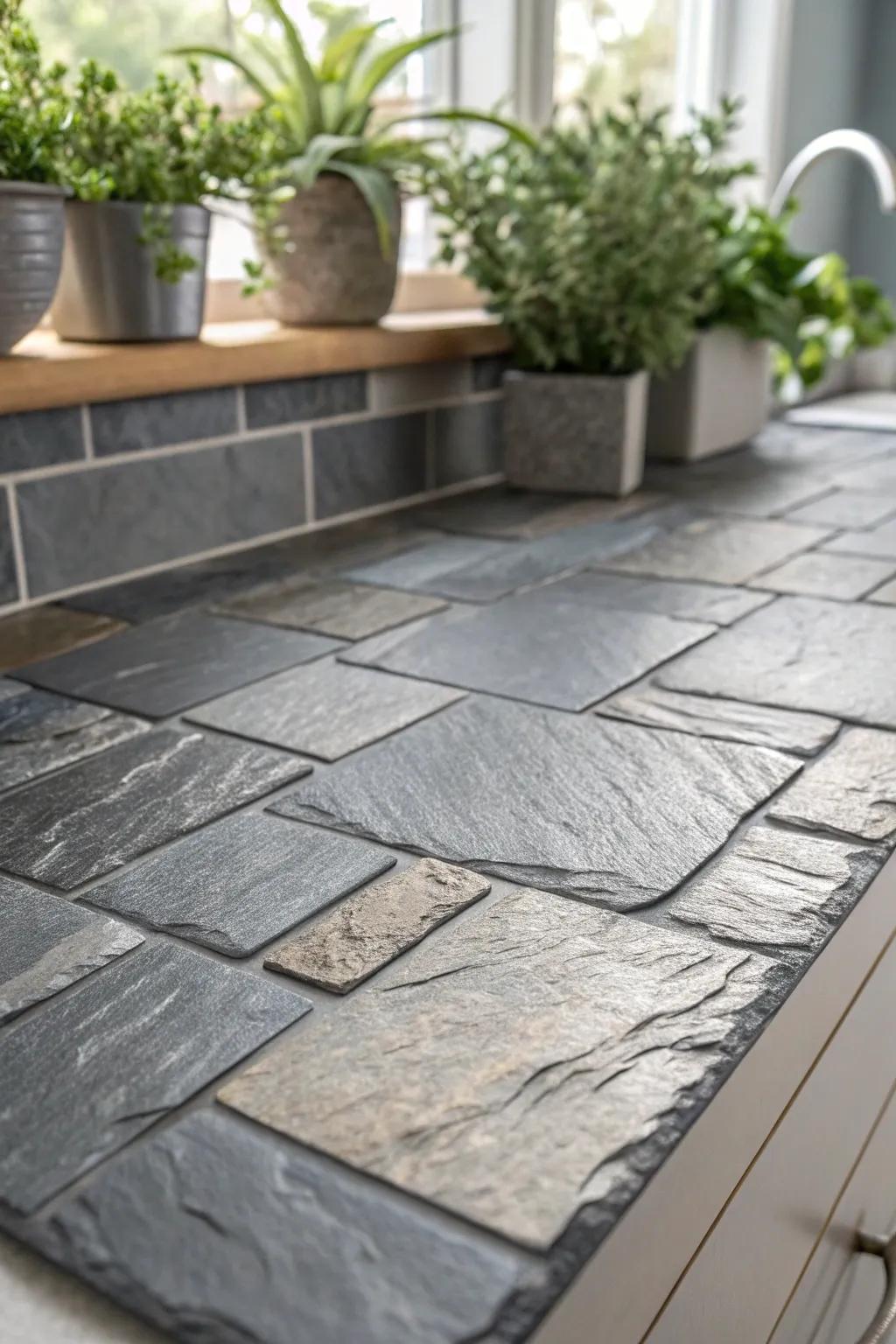Elevate your space with the natural beauty of slate-look peel and stick tiles. Perfect harmony between modern design and organic charm. 🌿✨