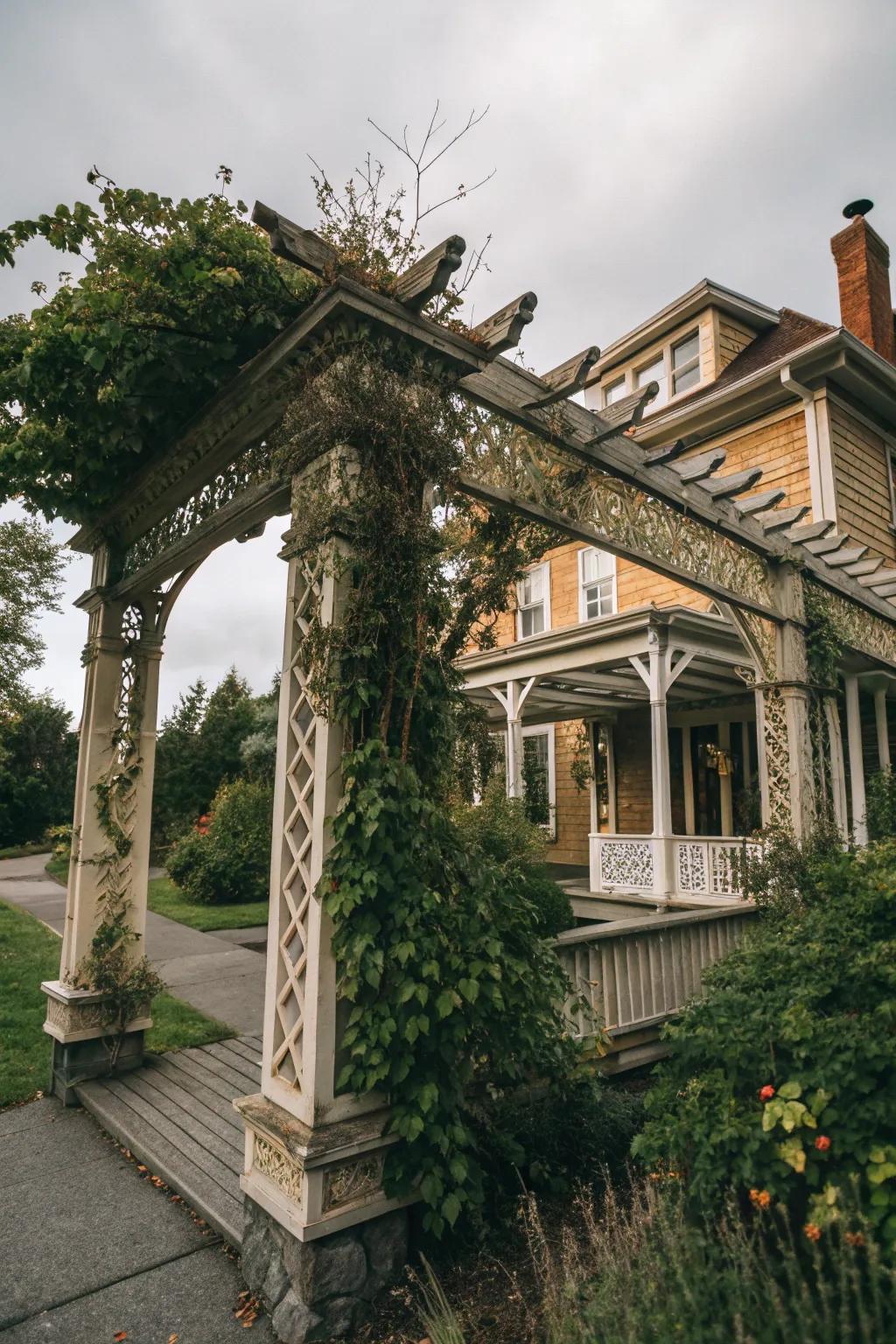 A traditional pergola with elegant details that adds timeless charm.