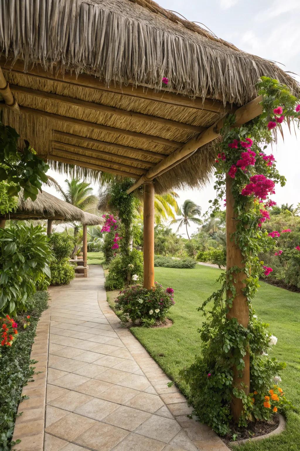 Palm thatch roofs bring a tropical vibe to outdoor spaces.