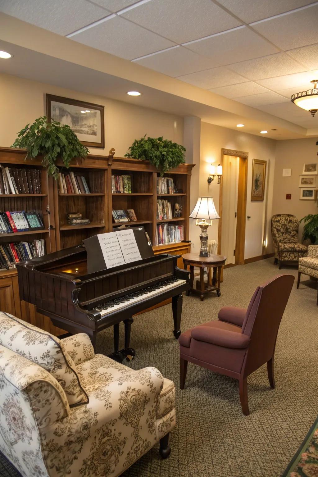 A dedicated music room centered around a grand piano.