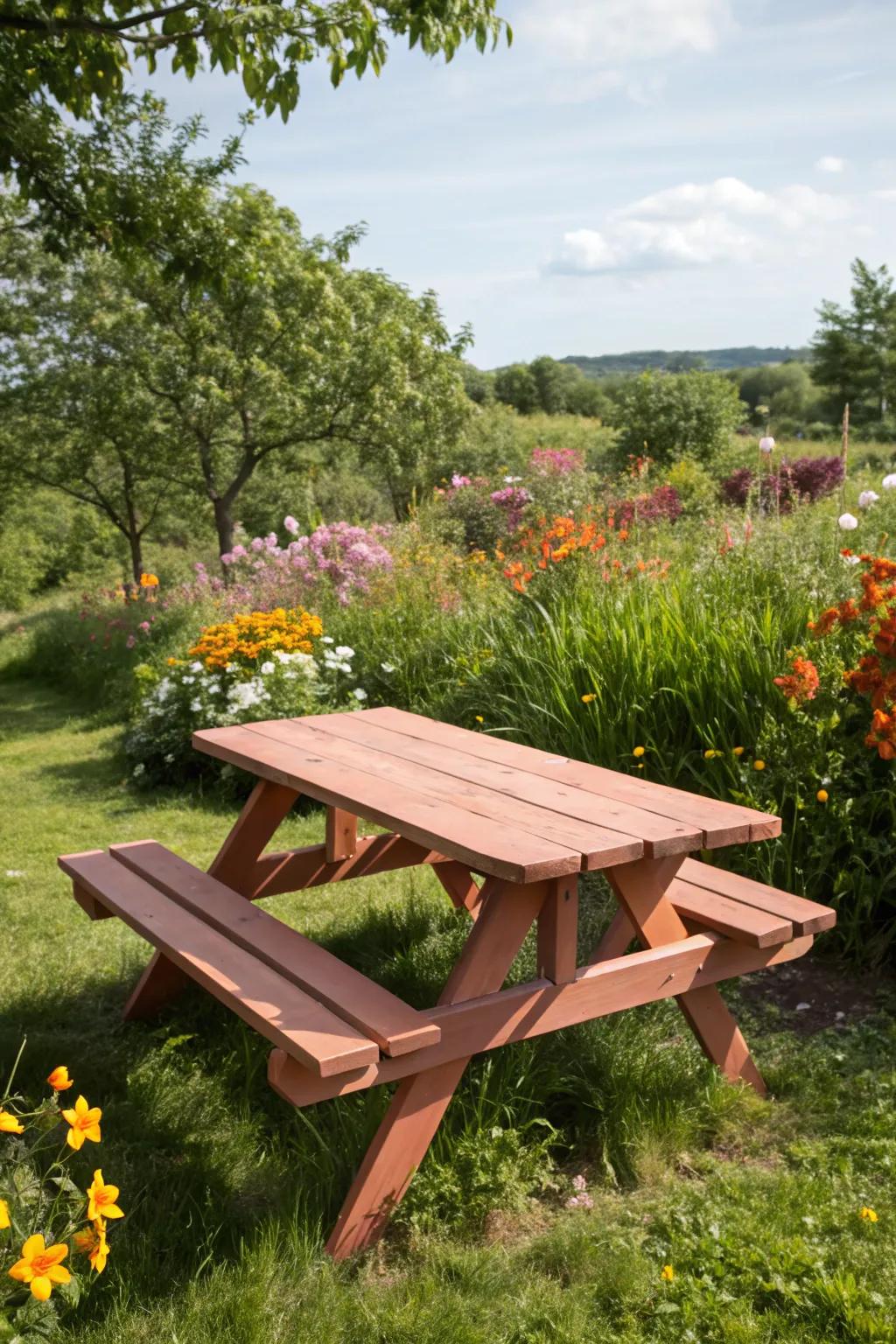 Earthy tones make the picnic table feel naturally integrated into the garden.