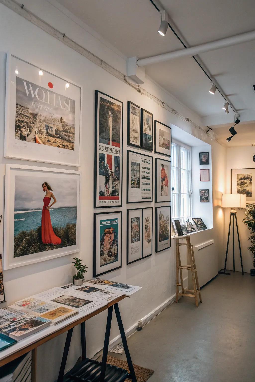 A studio wall featuring framed magazine covers for a modern look.