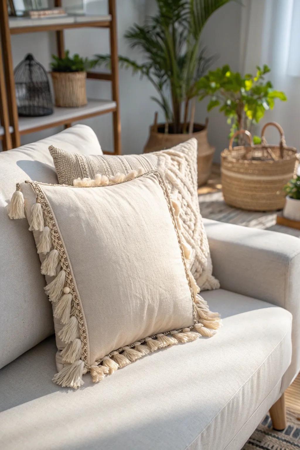 Add a touch of playful elegance to your space with fringe-detail pillows, where simplicity meets boho charm.