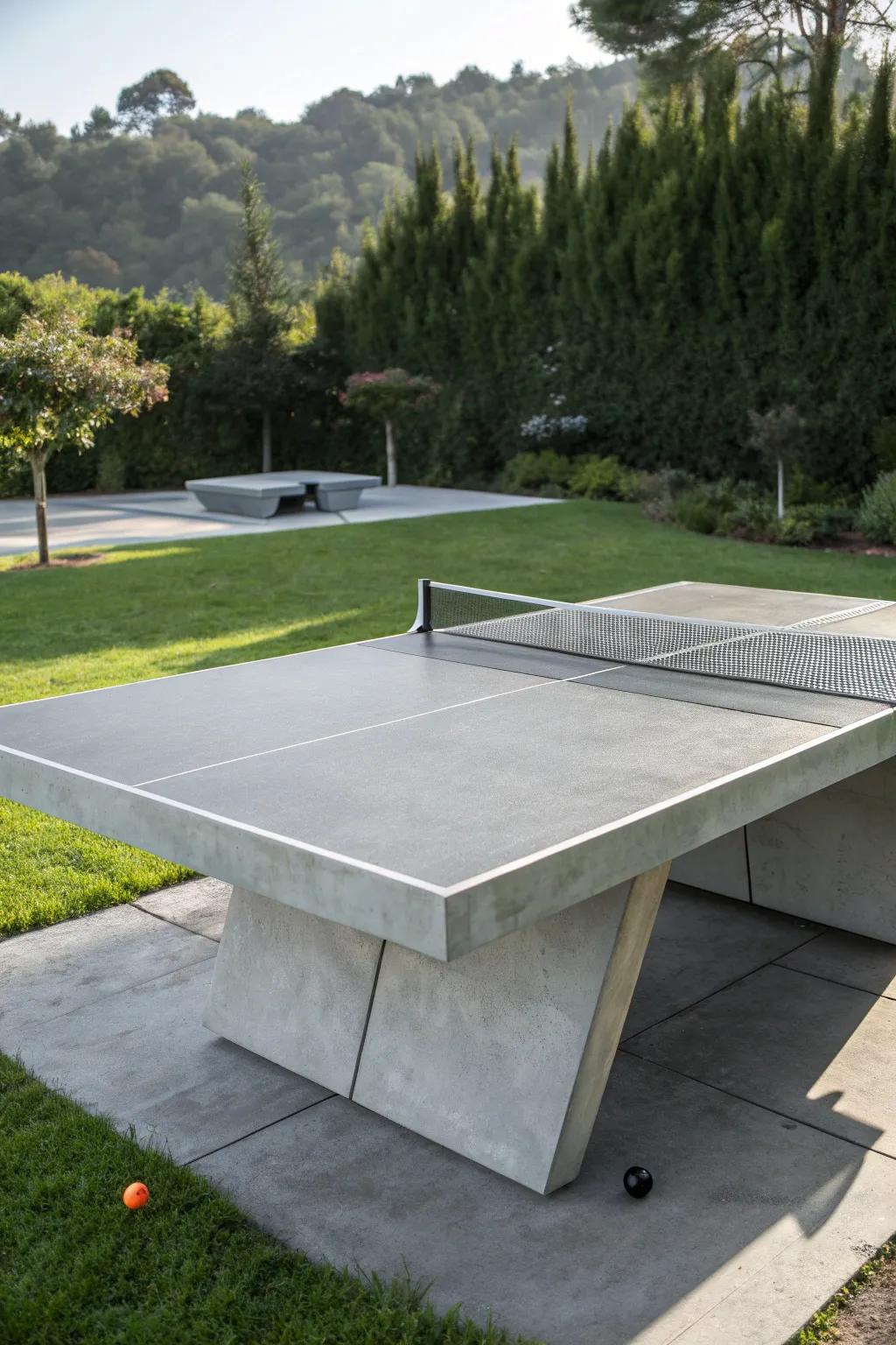Make a bold statement with this industrial-chic concrete ping pong table, perfect for any outdoor setting.