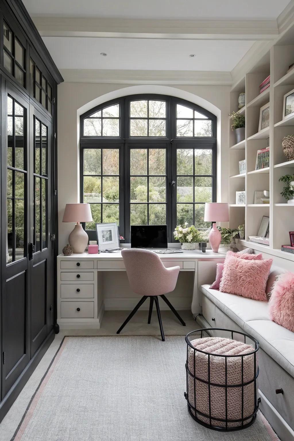 Black window frames add a modern touch to this stylish office.