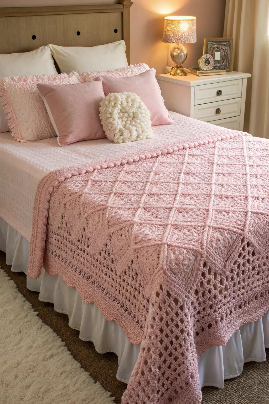 Enhance your bedroom decor with an elegant pink crochet bedspread.