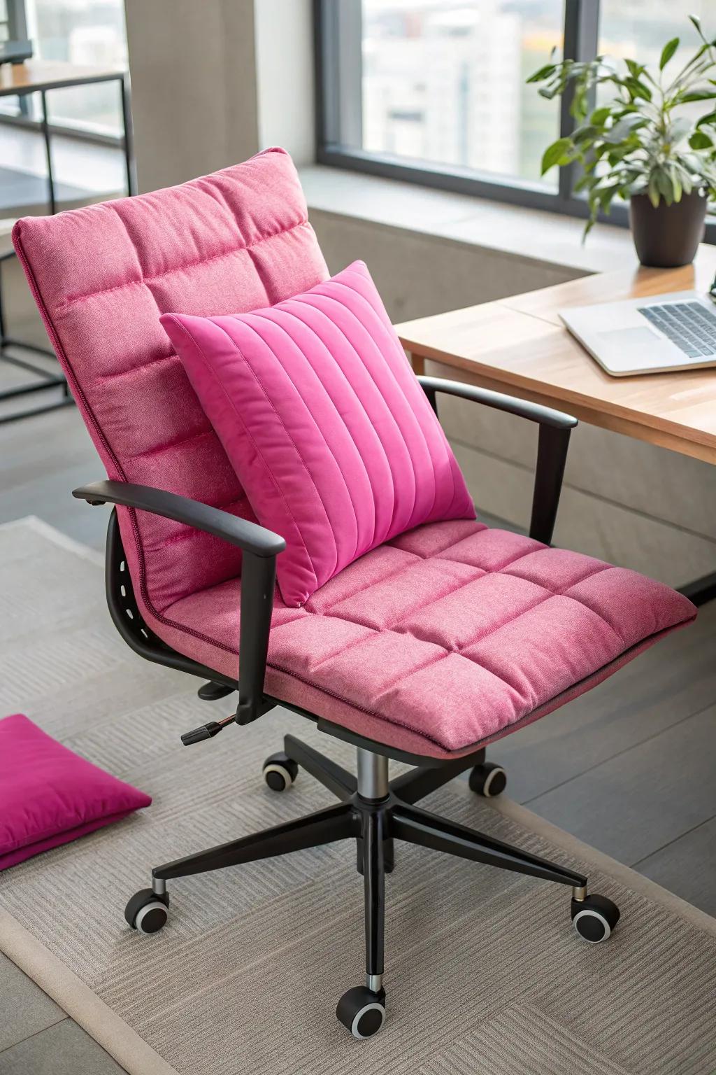 Pink cushions provide a cozy and colorful touch to seating.