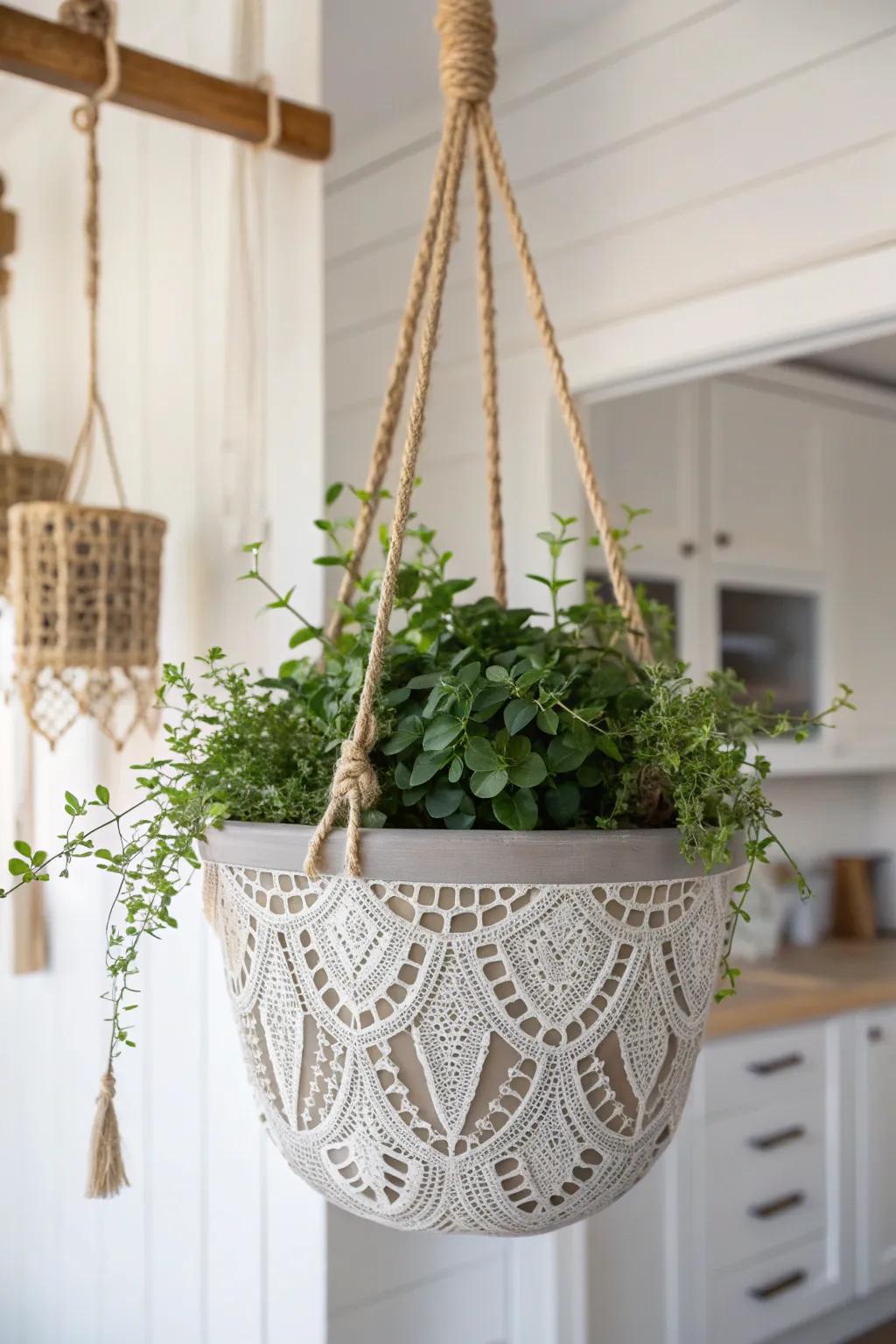 Embrace the art of contrast with this hanging cement planter, where delicate lace meets industrial chic.