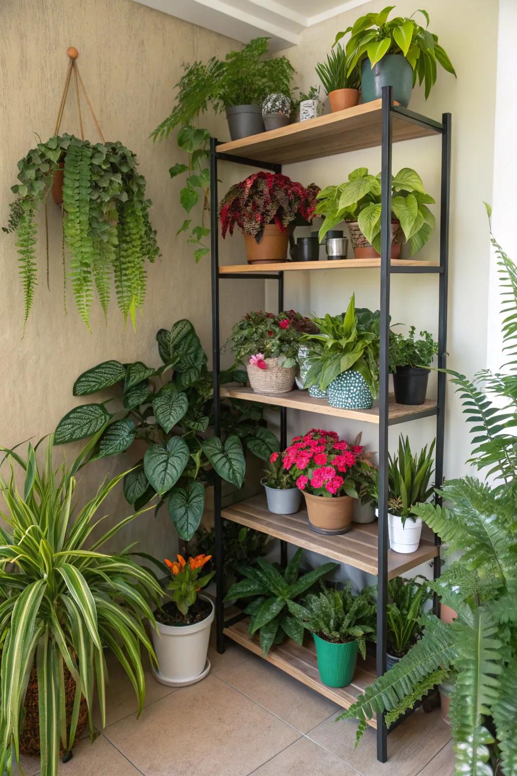 A plant-filled corner shelf breathes life into unused spaces.