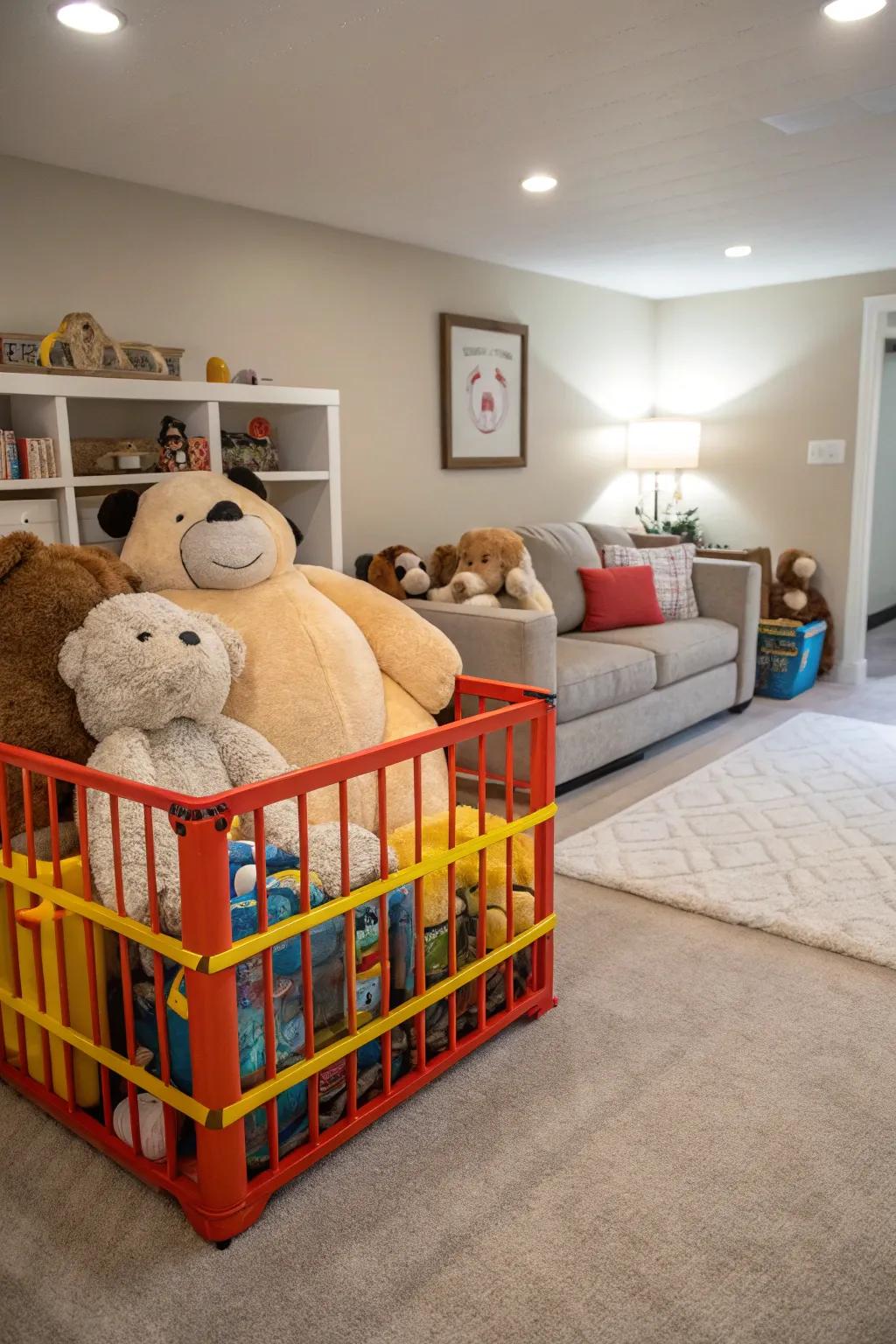 Storage corrals provide neat organization for large plush toys.