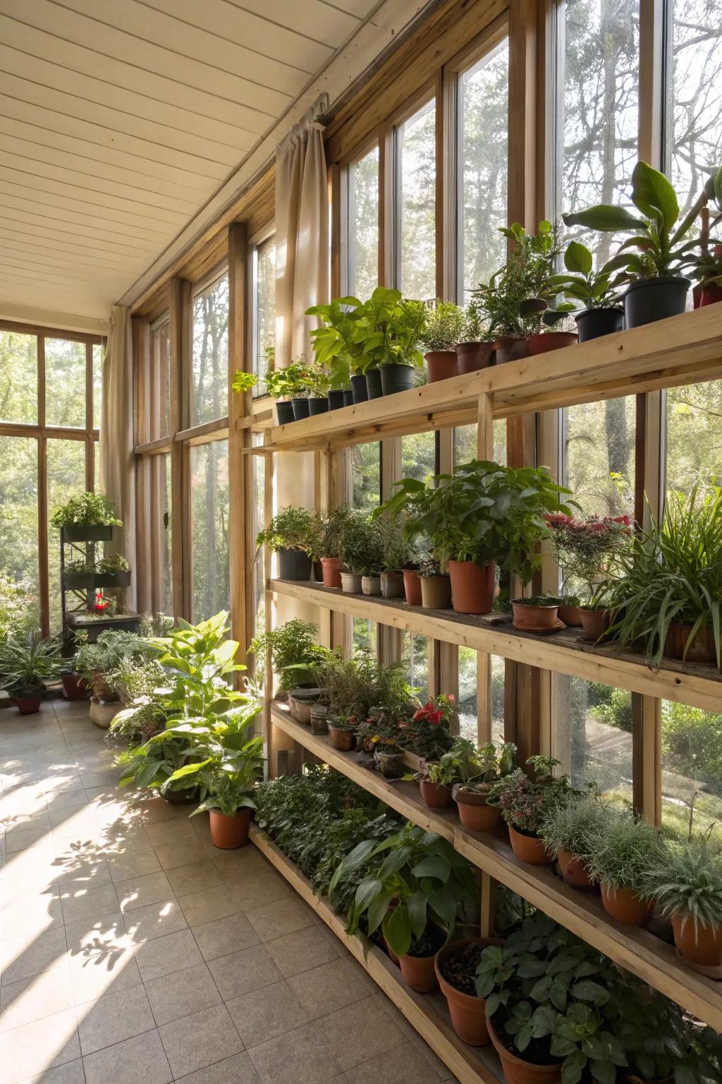 Tiered plant shelves bring nature indoors.