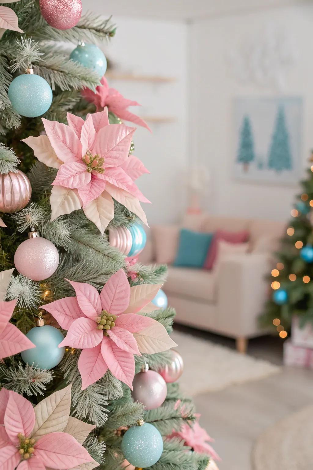 Add a playful pastel touch with soft-colored poinsettias.