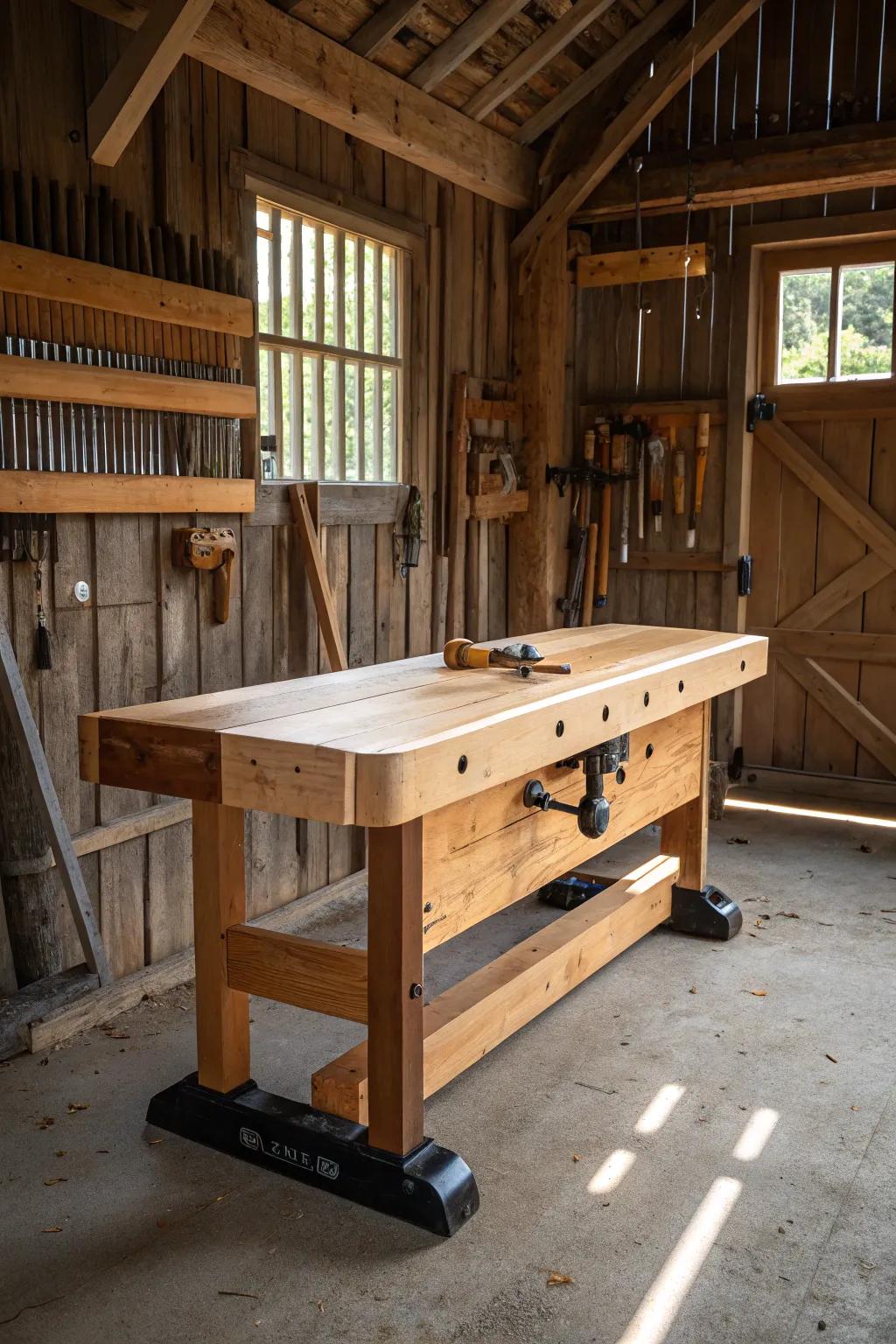 Craftsmanship meets versatility: Elevate your projects with this adjustable height workbench.