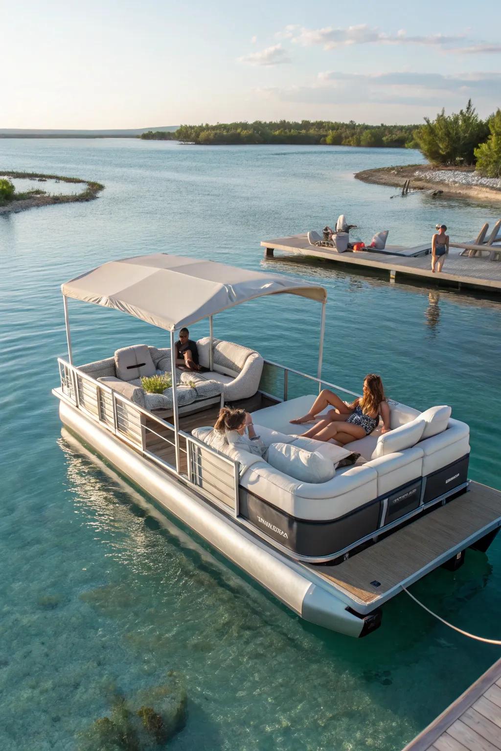 Floating loungers offer versatility and comfort on and off the pontoon.