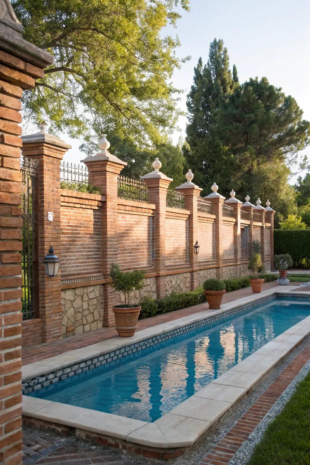 Classic and cohesive with brick wall pool fencing.