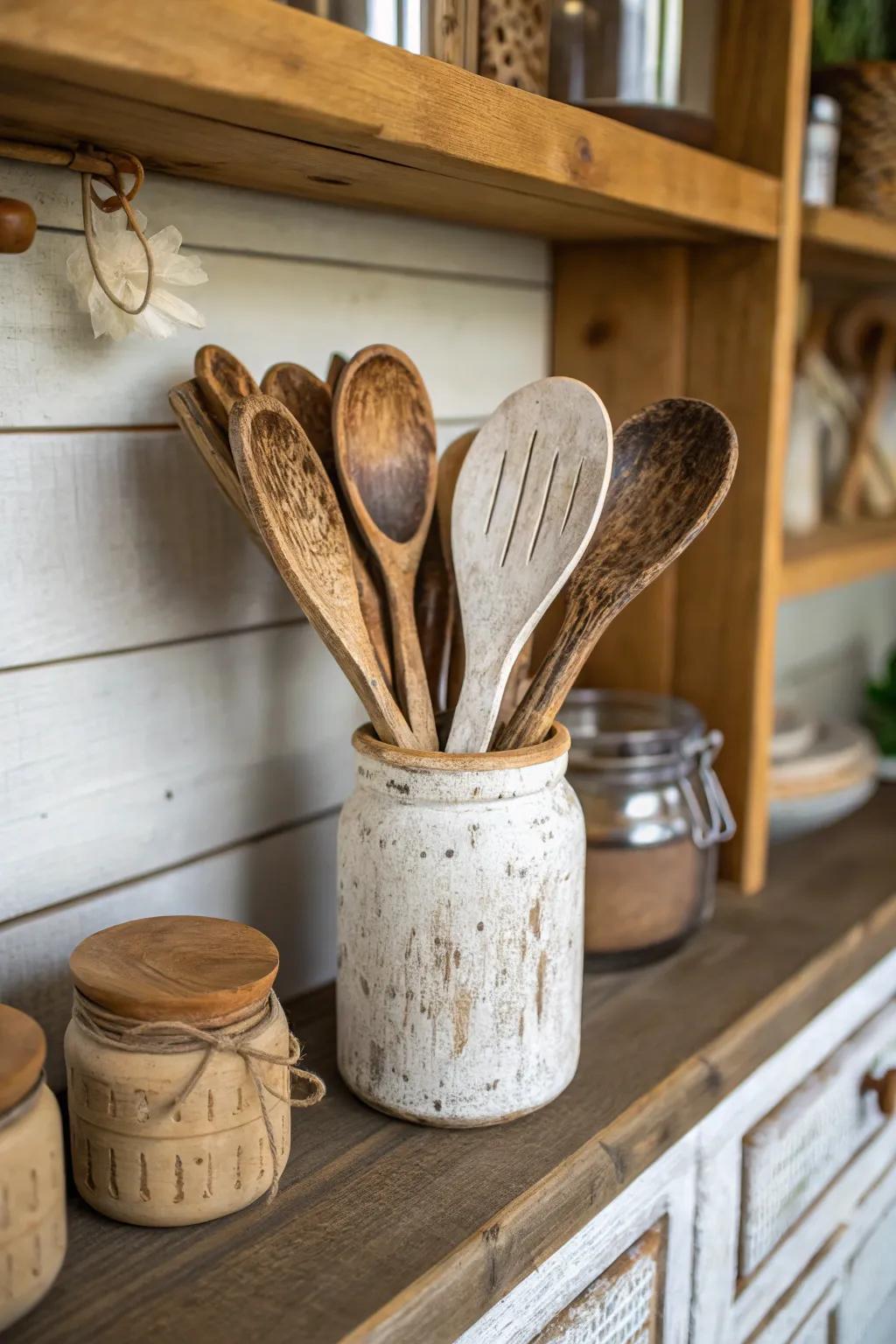 Decorative clay spoons bringing character to the kitchen.