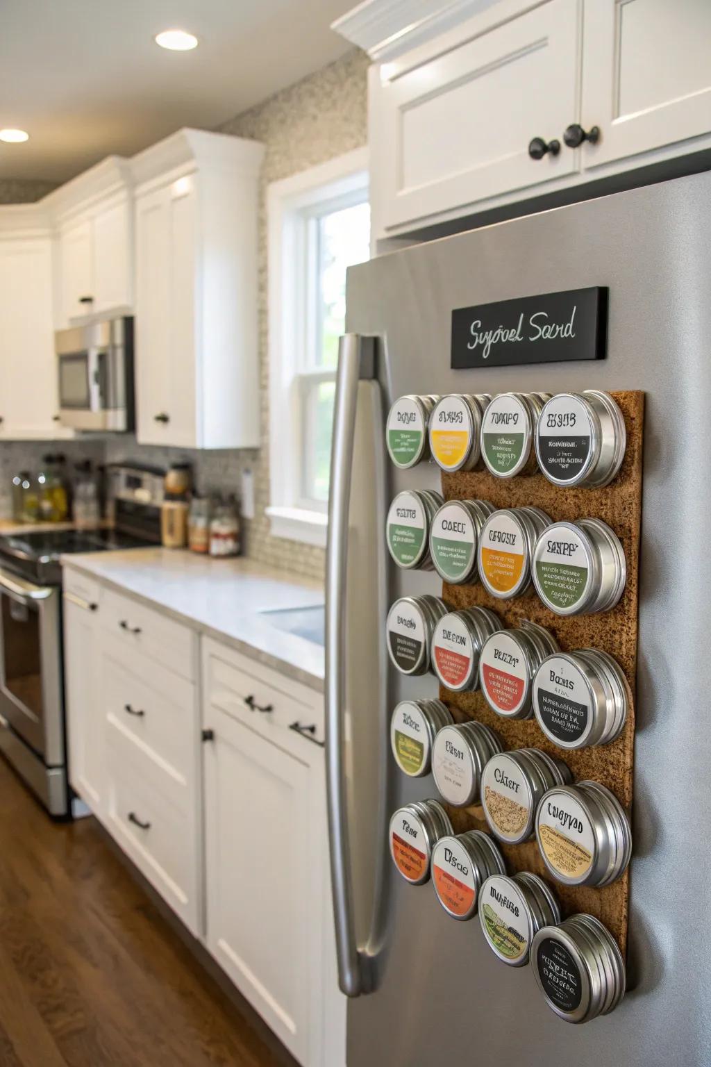 Magnetic jars keep spices organized and accessible.