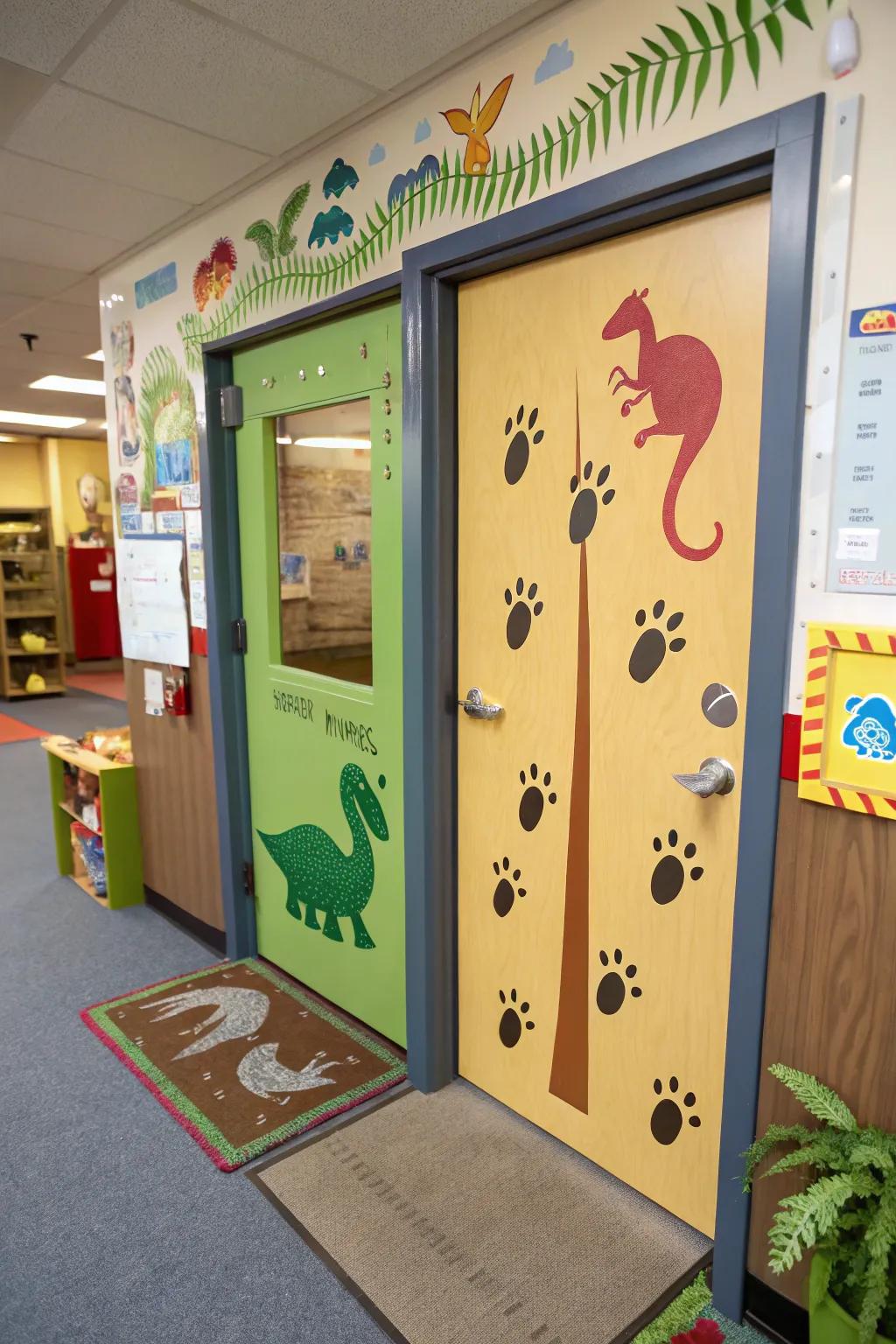 A dinosaur-themed door brings prehistoric fun into the classroom.