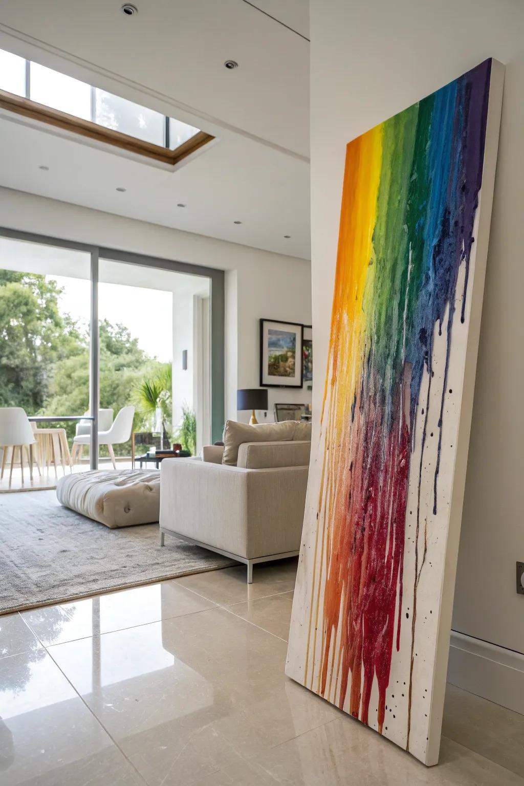 A rainbow drip painting adding a dynamic element to a modern living room.