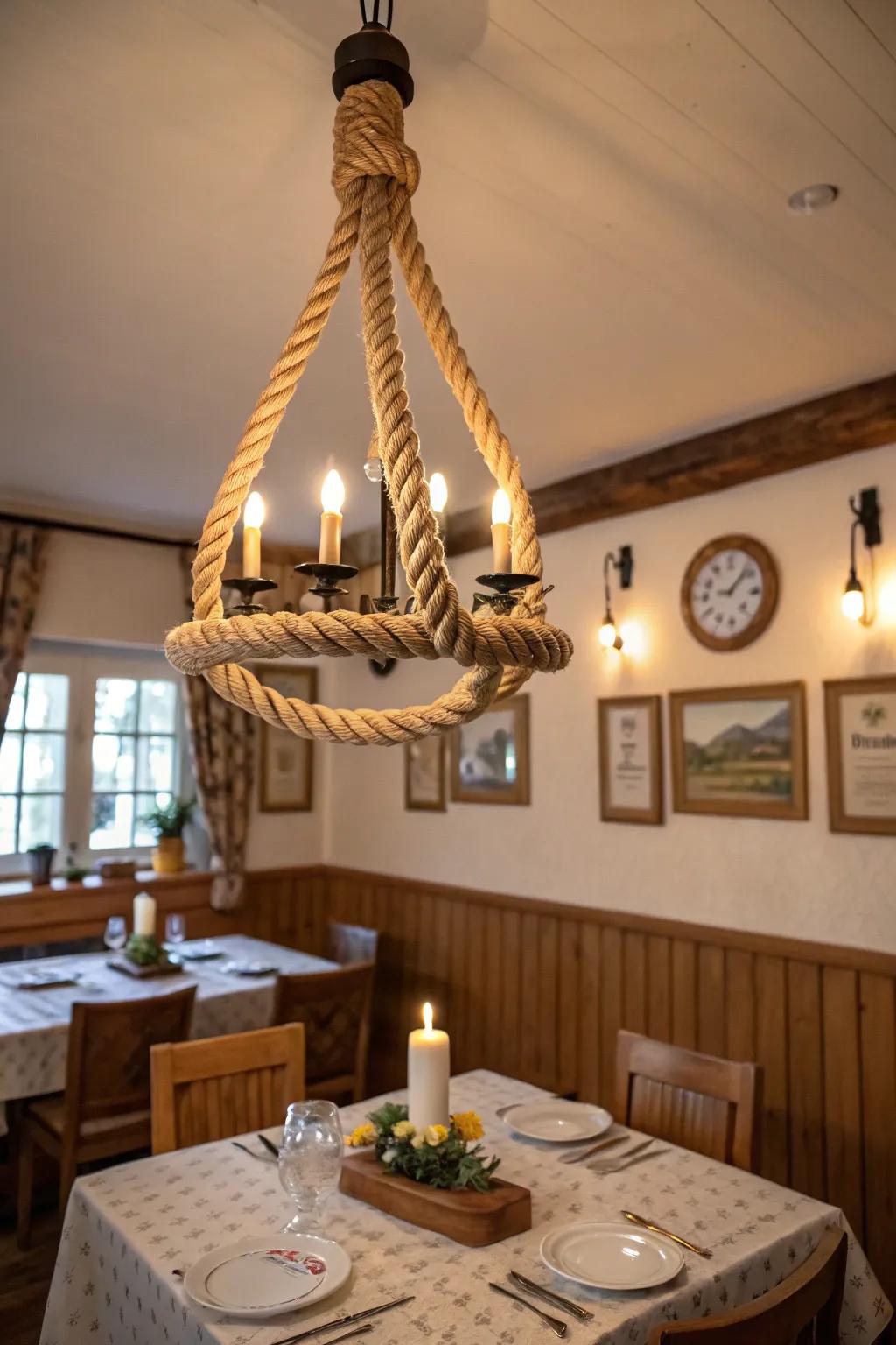 A rope-wrapped chandelier hanging in a cozy dining room.