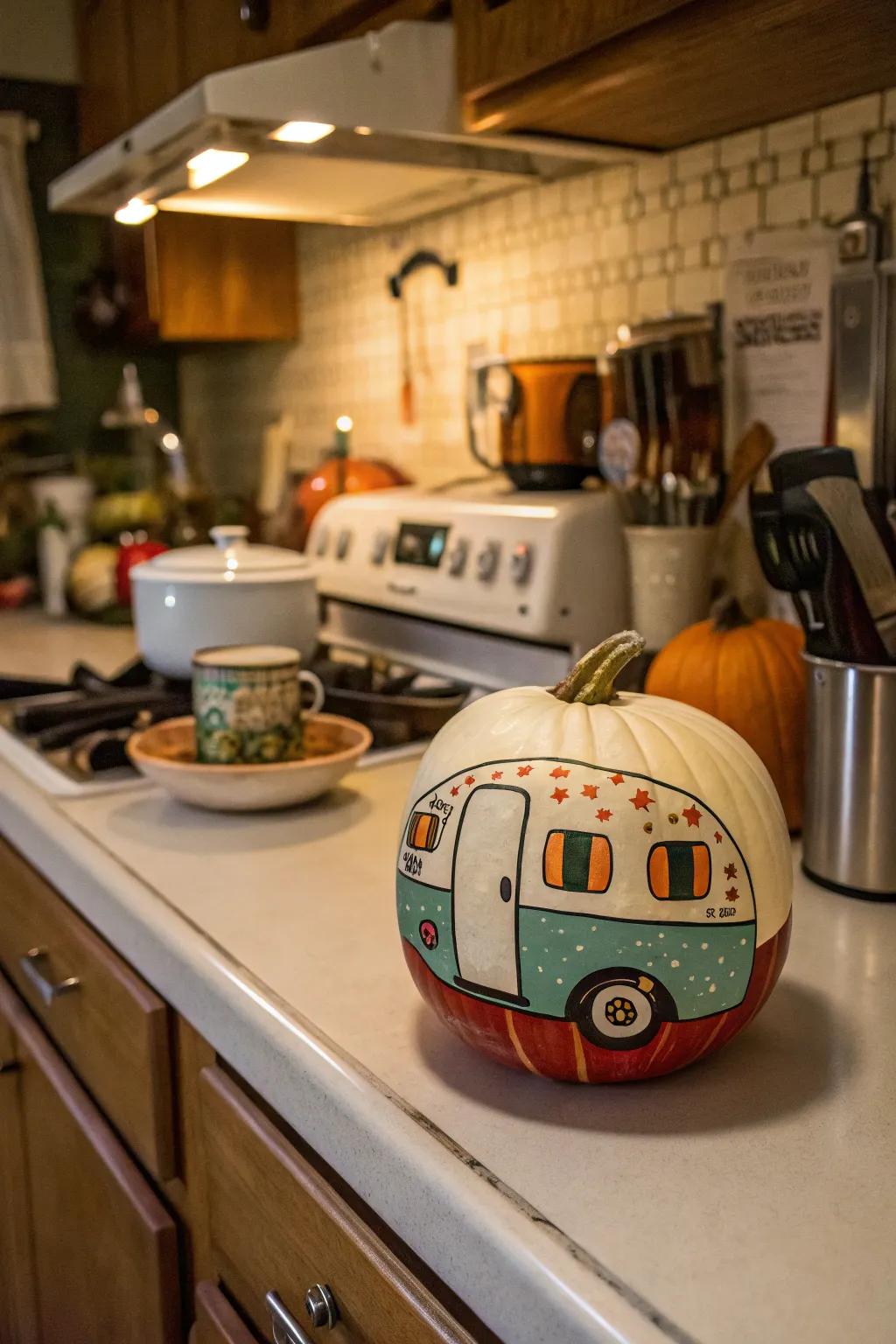 Vintage trailer pumpkins evoke nostalgia and charm.