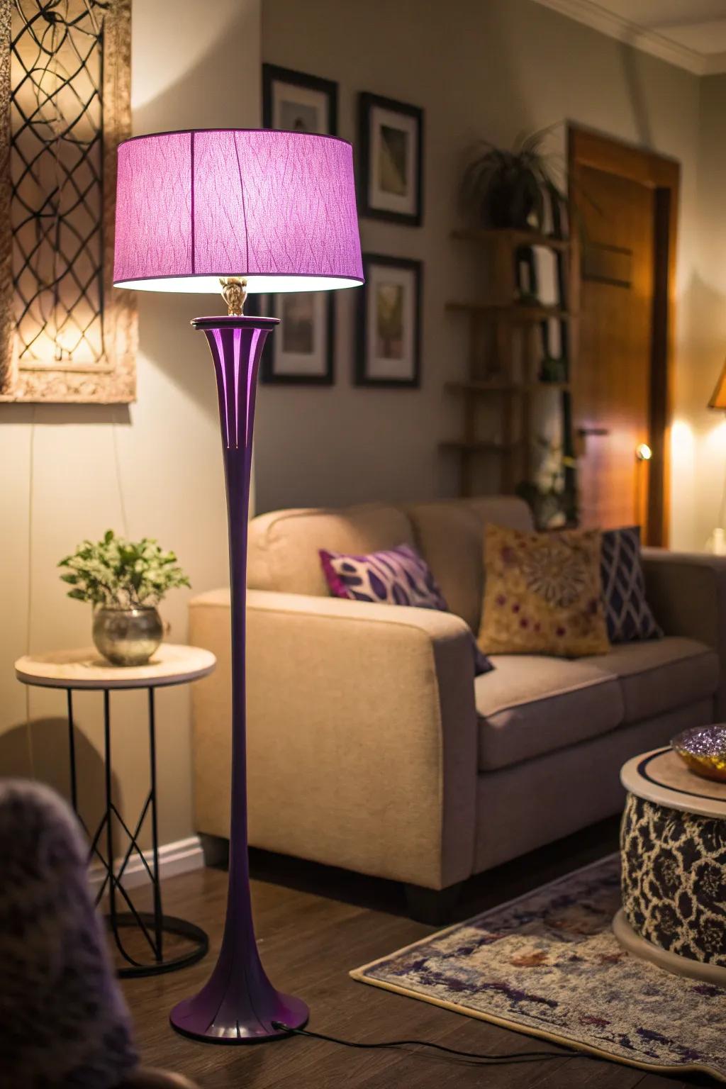 Purple floor lamps offer light and elegance.