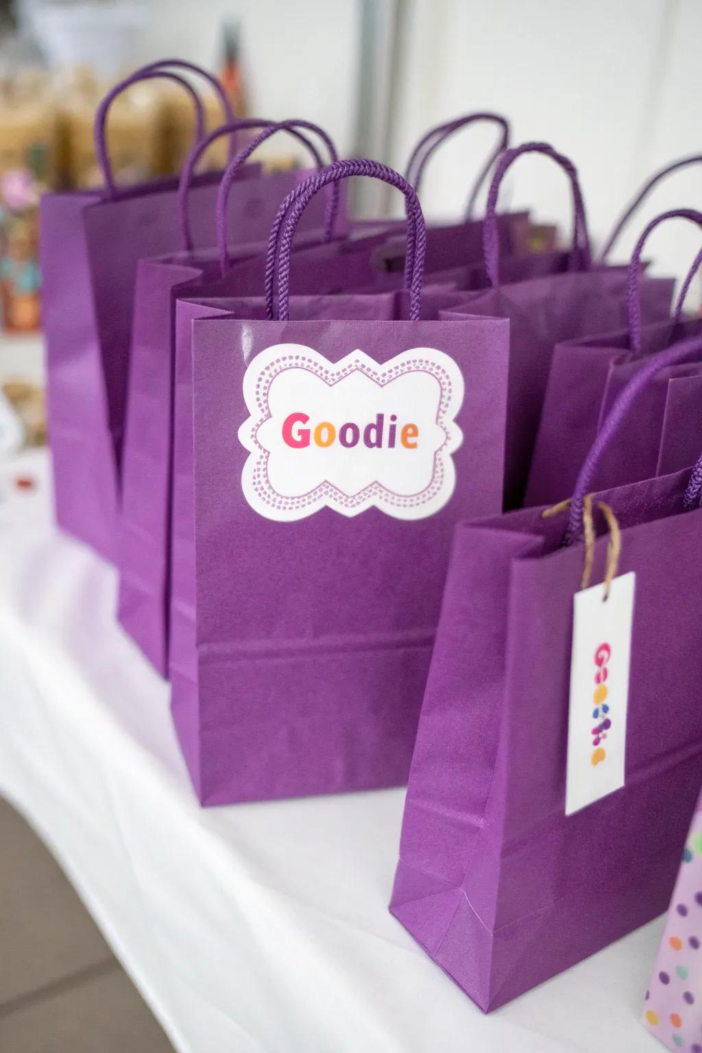 Purple goody bags that provide a sweet send-off for guests.