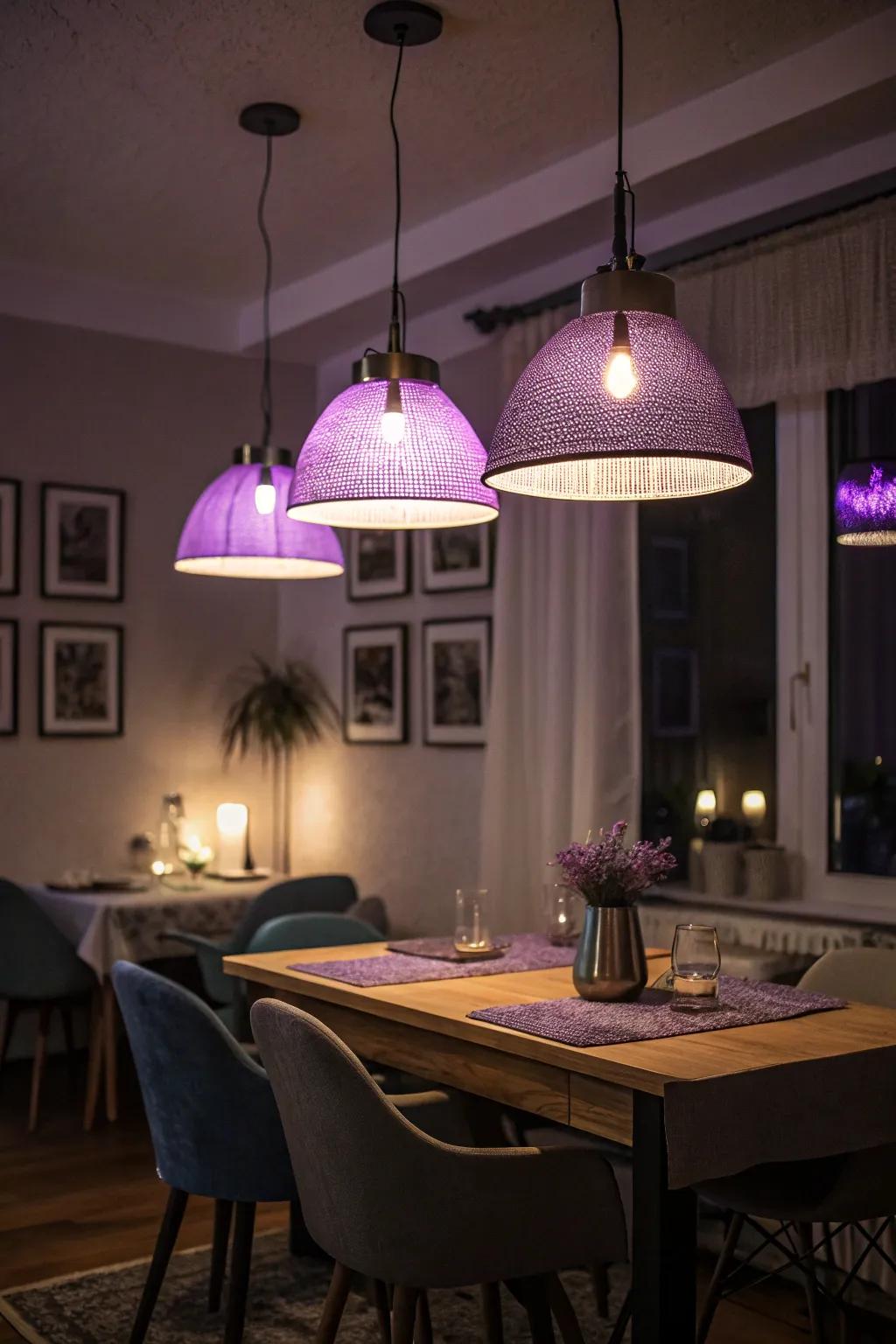 Purple lighting adds a moody and inviting ambiance to the dining room.