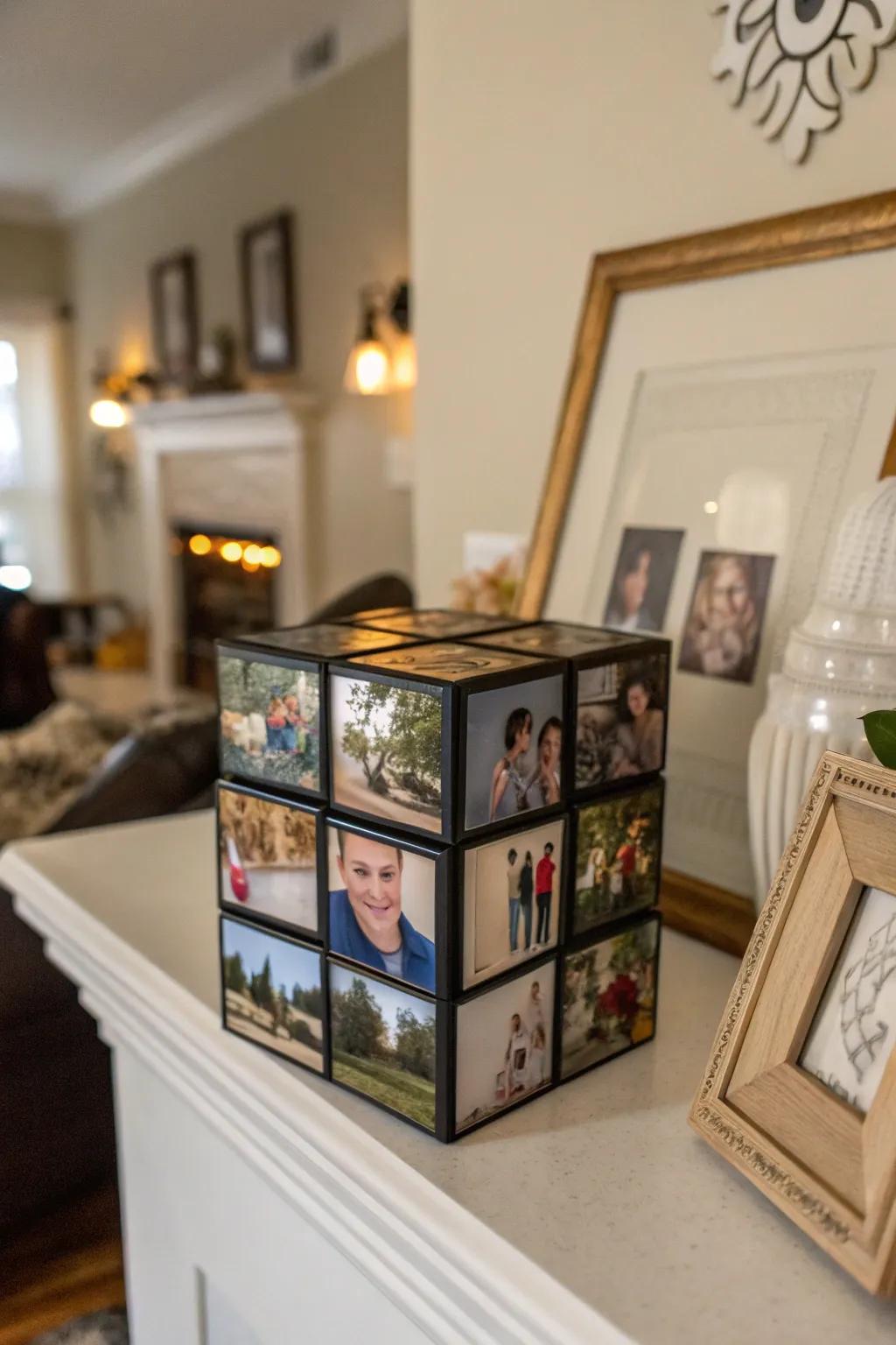 A puzzle cube picture frame uniquely displays cherished memories.