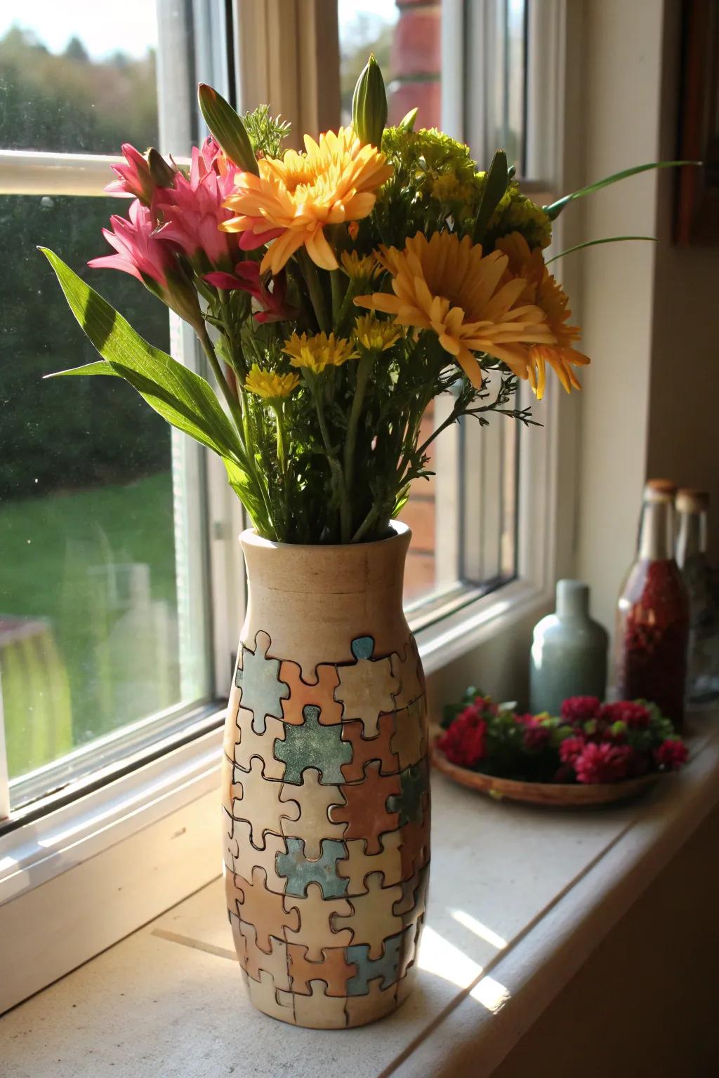 Upcycled puzzle piece vases make for unique and eco-friendly decor.