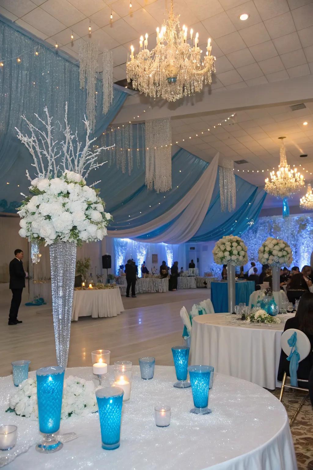 A magical winter wonderland-themed quinceanera with icy blue and shimmering white decor.