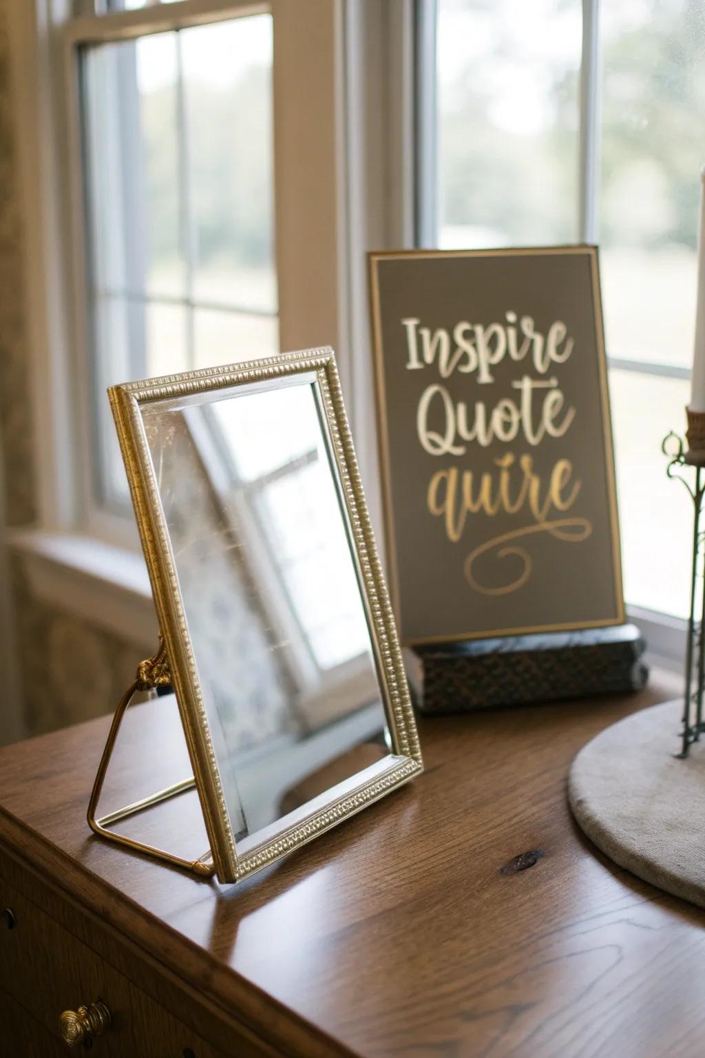 A mirror featuring an inspiring quote, adding a reflective twist to the decor.