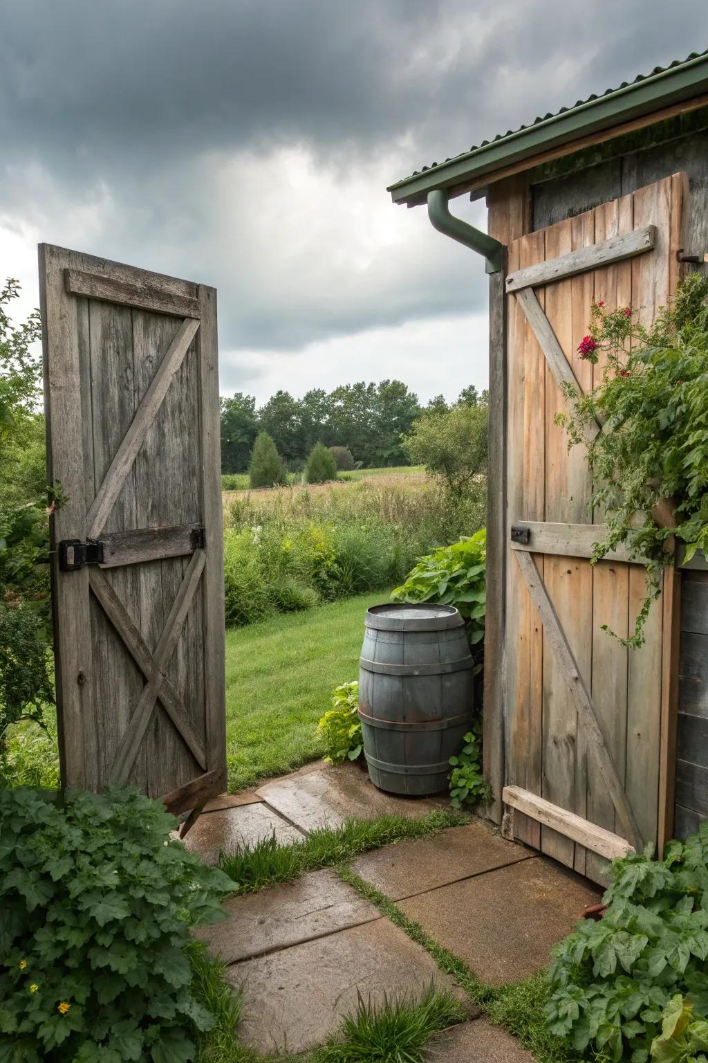 Rustic barn doors add farmhouse charm while concealing your rain barrel.