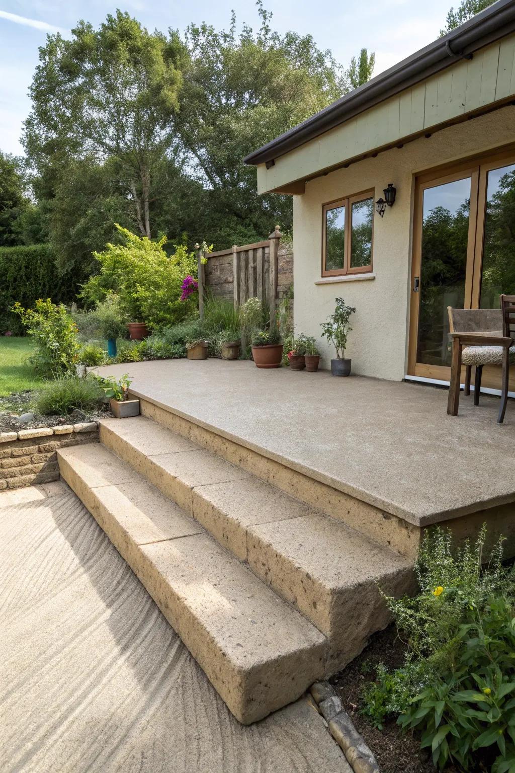 Eco-friendly hempcrete offers a sustainable choice for this raised concrete patio.