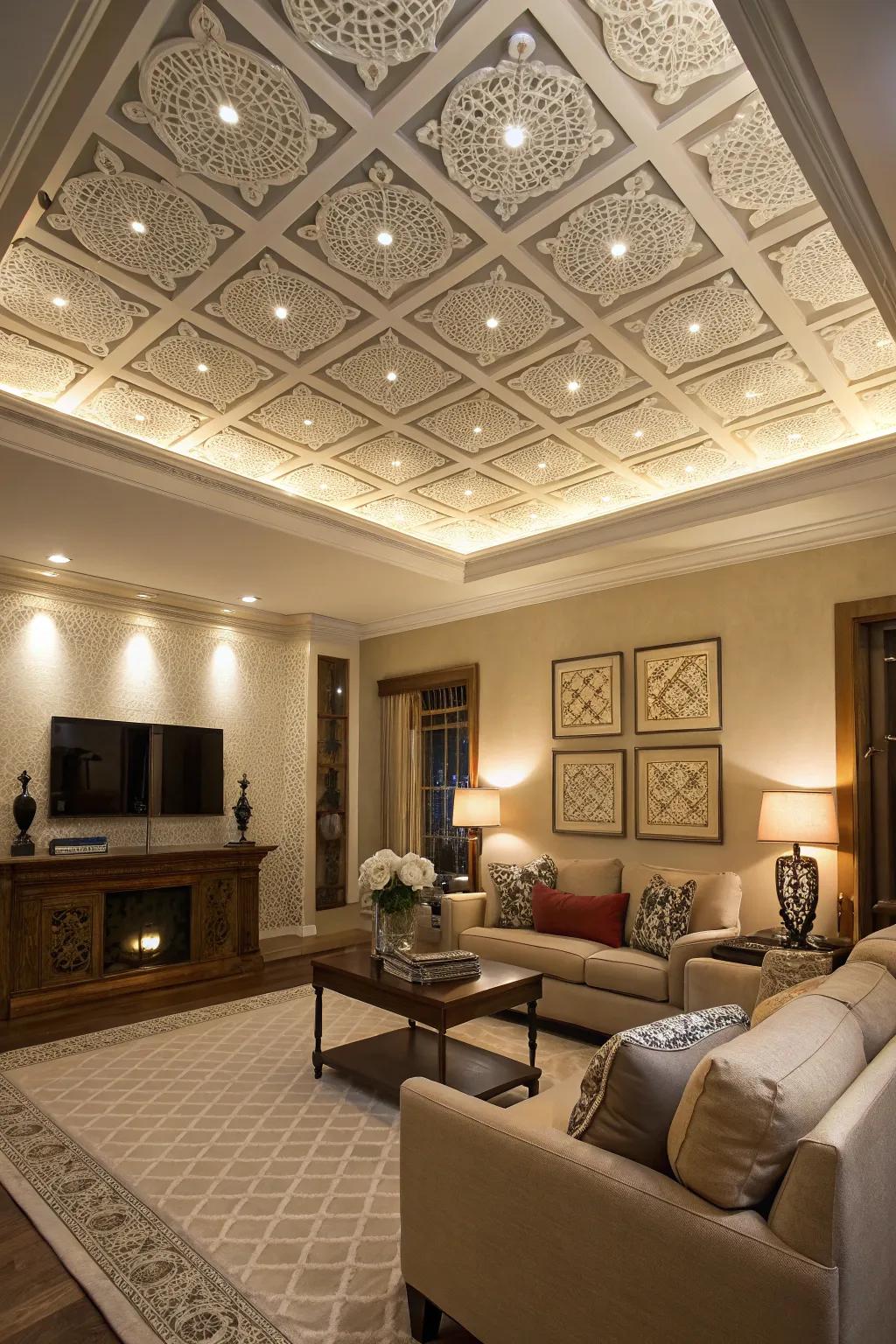 A living room showcasing a recessed ceiling with geometric patterns.