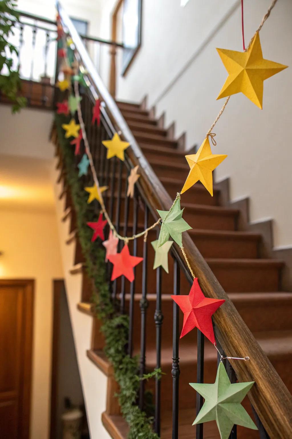 Cardboard star garland adds a festive touch with recycled elegance.