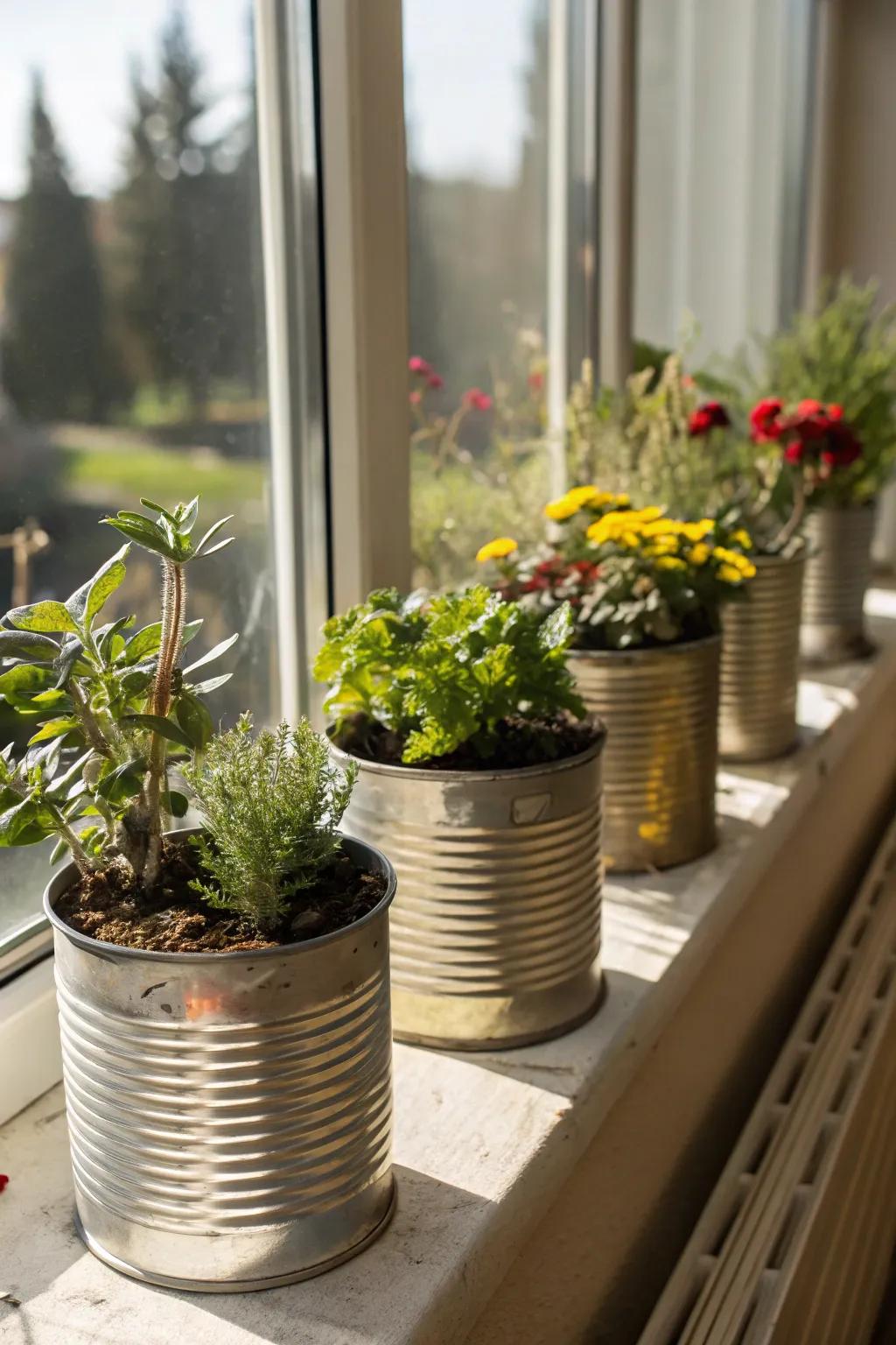 Brighten your window with charming tin can planters.