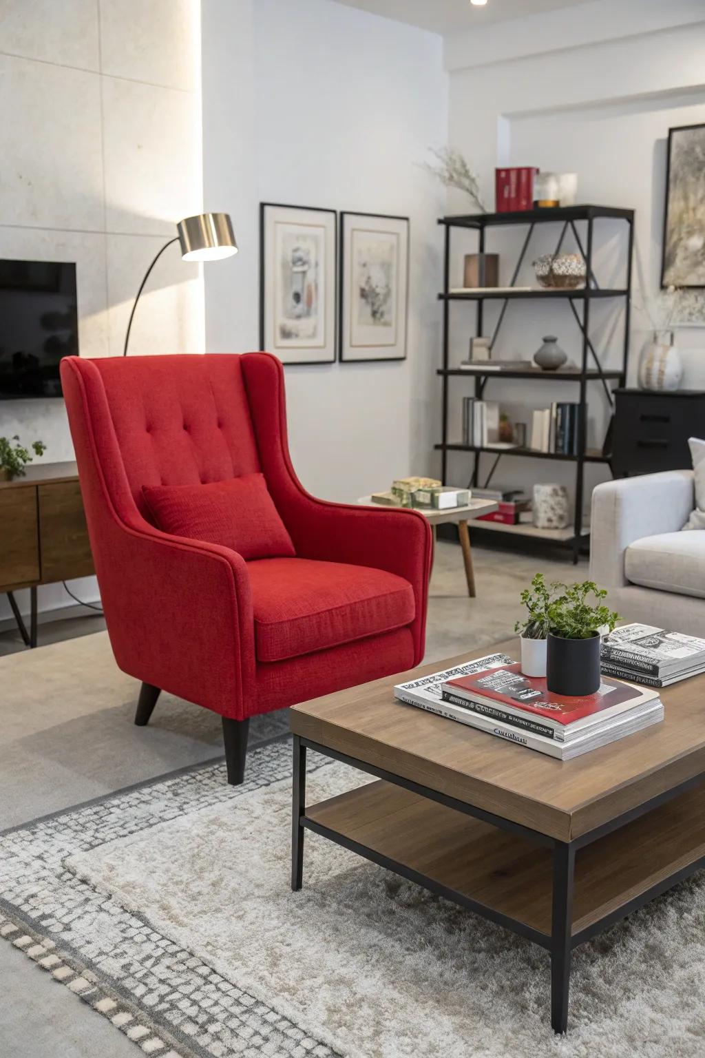 Red furniture adds personality to this living room.