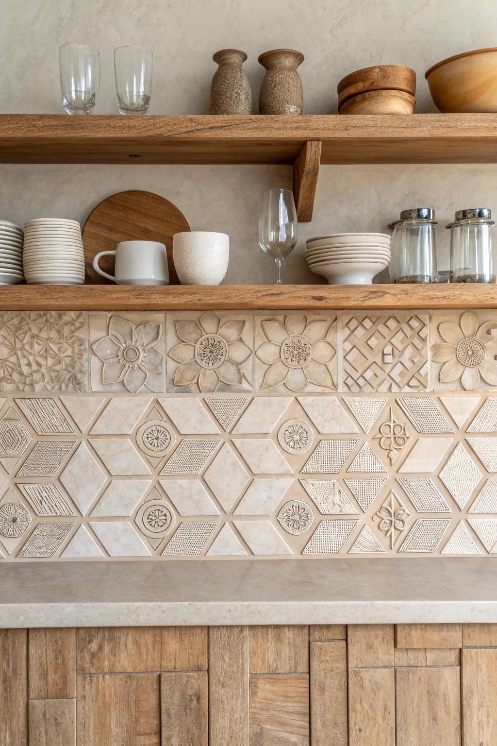 Elevate your kitchen's charm with a stunning backsplash that brings subtle elegance to open shelving.