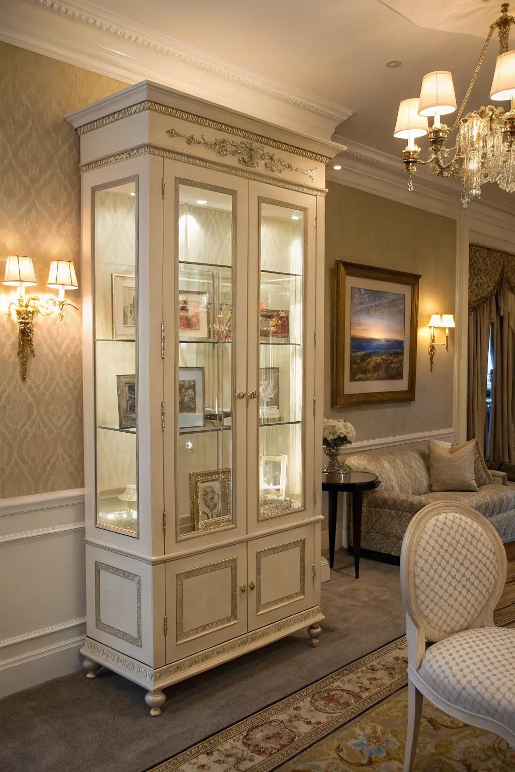 An art display armoire elegantly showcases your favorite pieces.