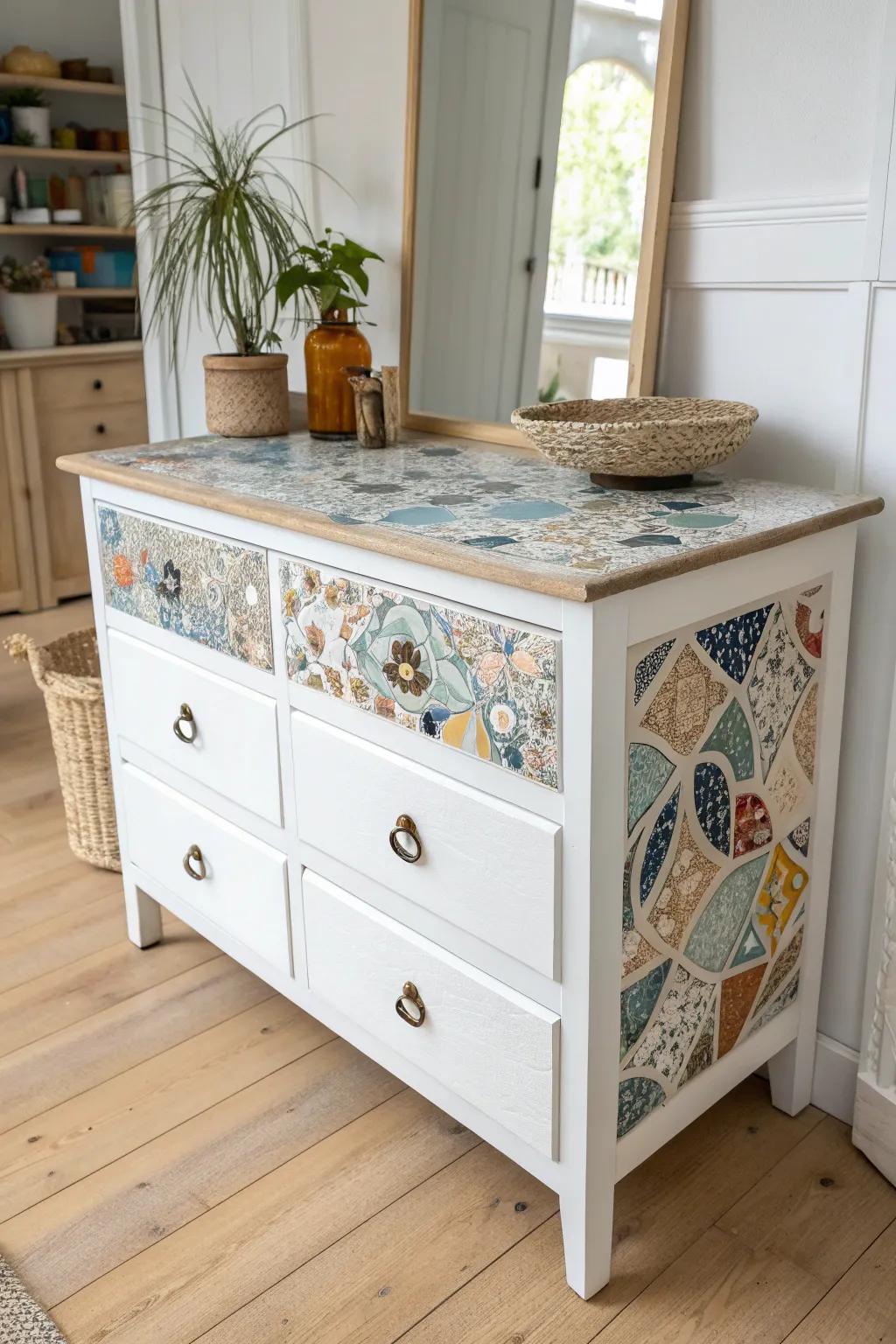 Transform your dresser into a stunning mosaic masterpiece with a touch of boho charm.